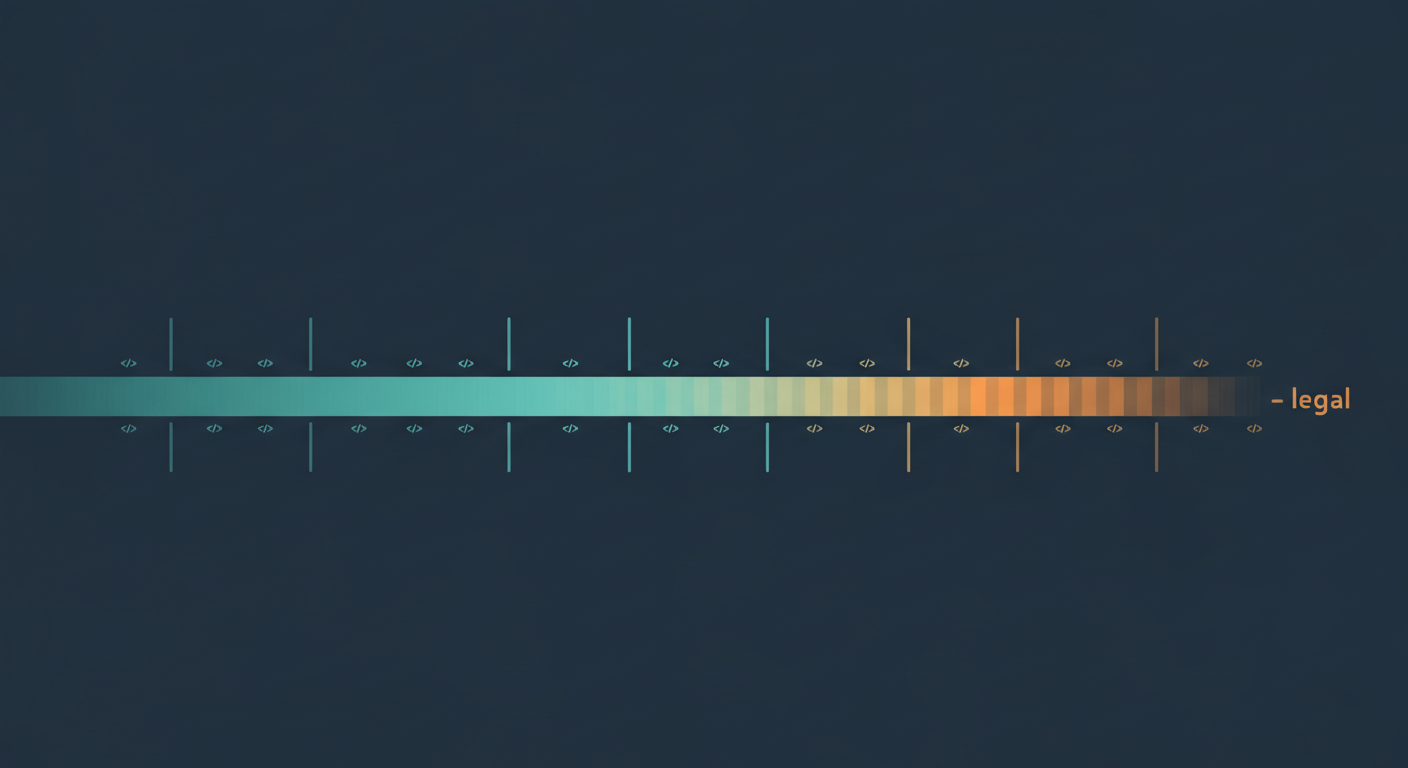 Timeline chart showing code changes in teal and legal obligation updates in amber, illustrating how legal obligations lag behind product releases.