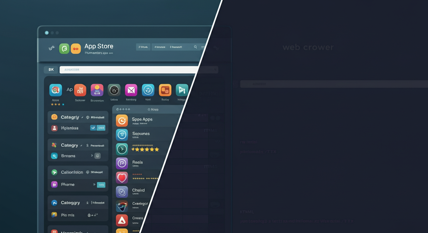 A split view showing what a human browser renders versus what a web crawler sees from the same app store page