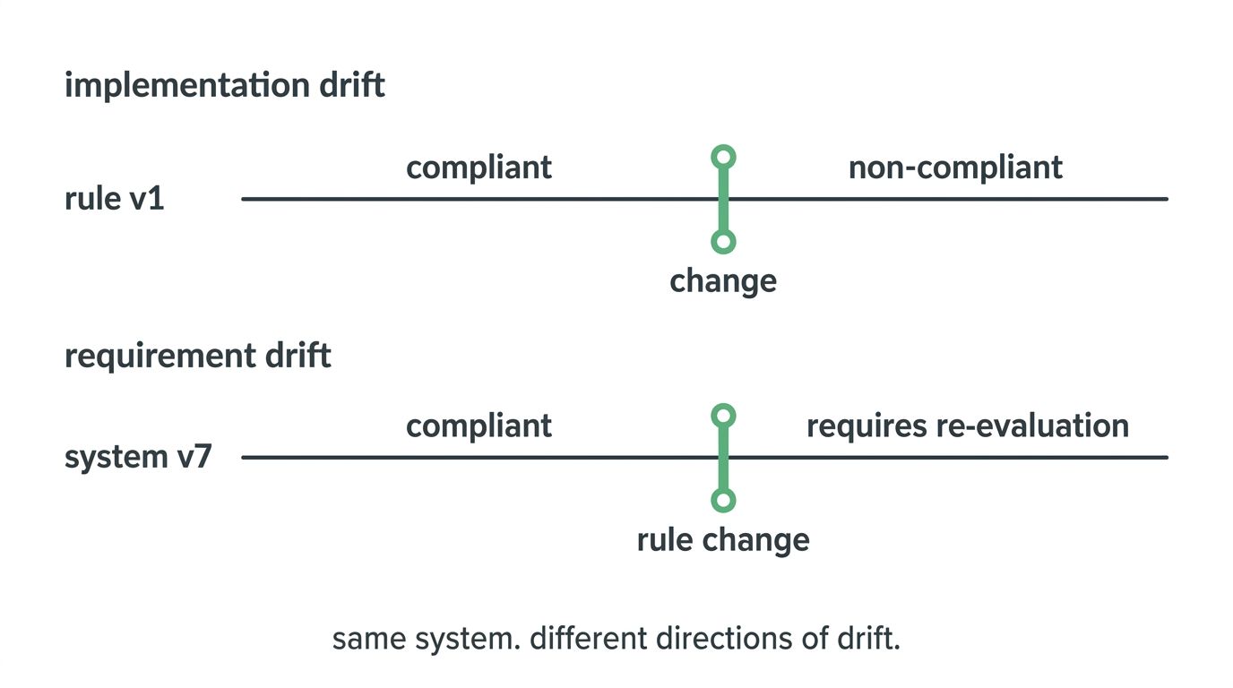 two-lane drift diagram showing implementation drift and requirement drift as separate timelines from compliant to needs-re-evaluation