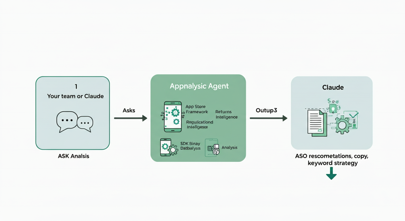 System diagram showing the two-agent ASO workflow: a question flows from the team to the Appnalysis Agent, which returns interpreted intelligence to Claude, which produces ASO recommendations, copy, and keyword strategy.