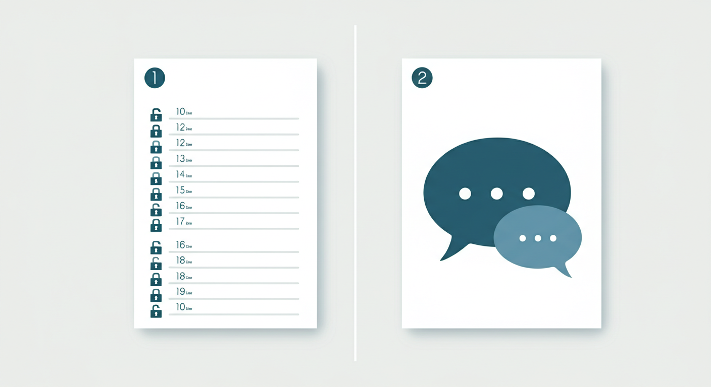 Two-panel diagram: left shows a numbered list from 1 to 10 with padlock icons per row; right shows a single speech bubble with a tag shape attached