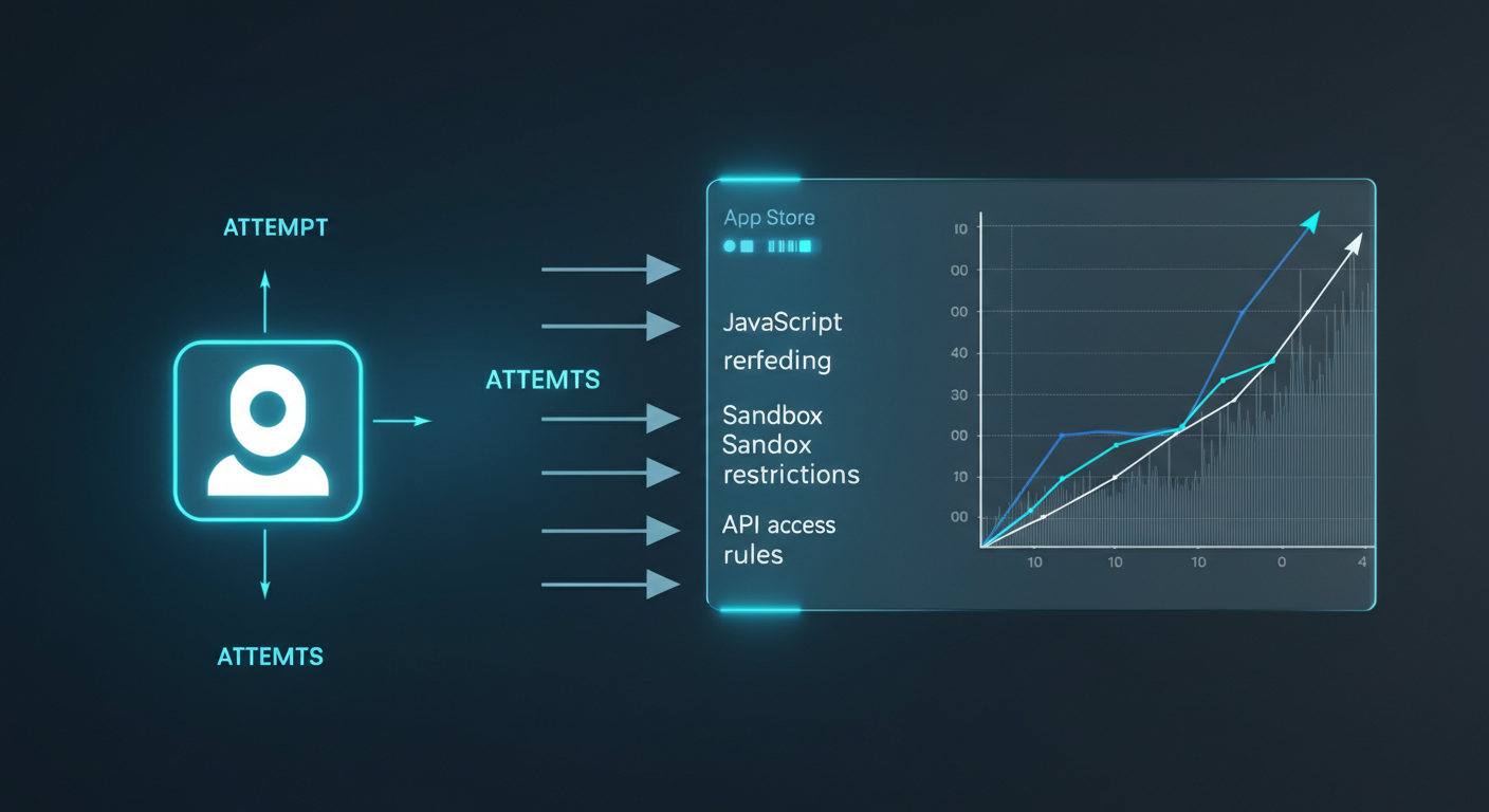 Diagram showing five AI access attempts blocked by a data wall of JavaScript rendering, sandbox restrictions, and API access rules