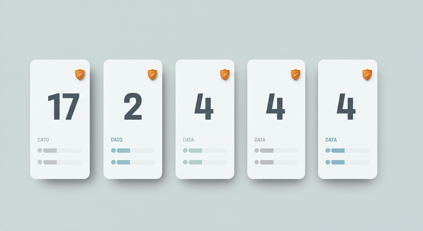 Compliance dashboard showing five vertical app cards in a row: the leftmost card displays a 17+ age rating with a distinct darker border, while the four remaining cards each show a 4+ age rating with an amber shield badge in the top-right corner and three muted data-category pills below, indicating ICO Children's Code applicability