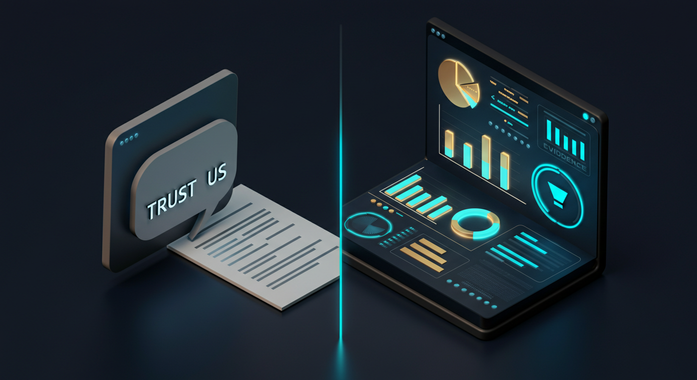 Split illustration contrasting an unverified trust-us assertion on the left with a glowing evidence dashboard showing verified technical signals and compliance data on the right
