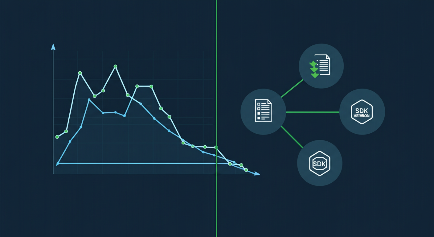 Illustration of a panel chart showing an engagement drop on one side and evidence pointing at the specific release, review cluster, and SDK change on the other.