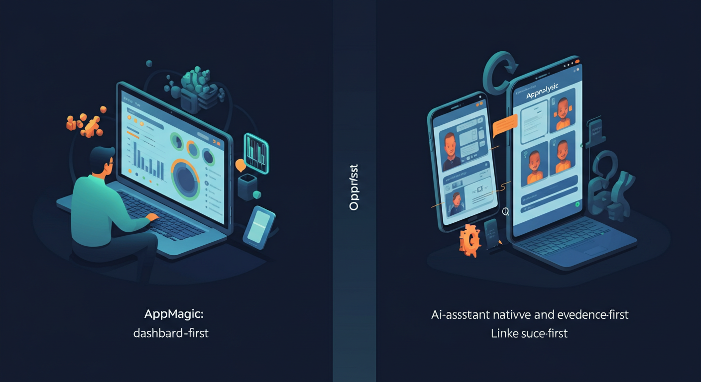 Split-screen illustration comparing AppMagic as a dashboard-first analytics tool on the left with Appnalysis as an AI-assistant native, evidence-first platform on the right.