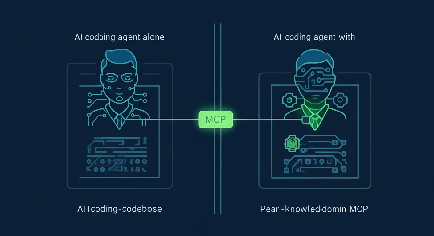 Comparison diagram showing an AI coding agent with only local code visibility on one side and the same agent with added peer evidence visibility on the other.