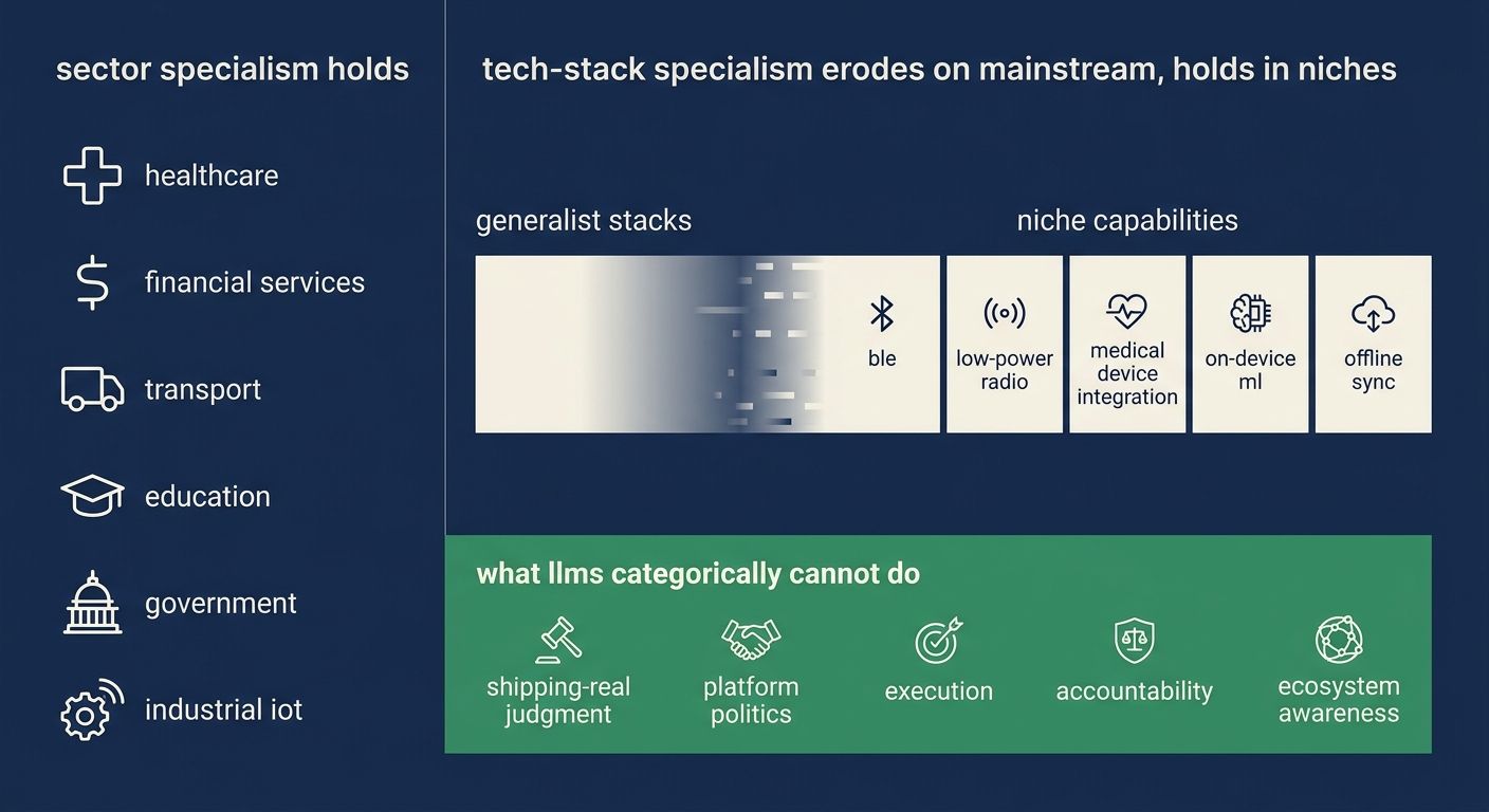 sector specialism holds while tech-stack specialism erodes, with categorical llm gaps around judgment, politics, execution and ecosystem awareness