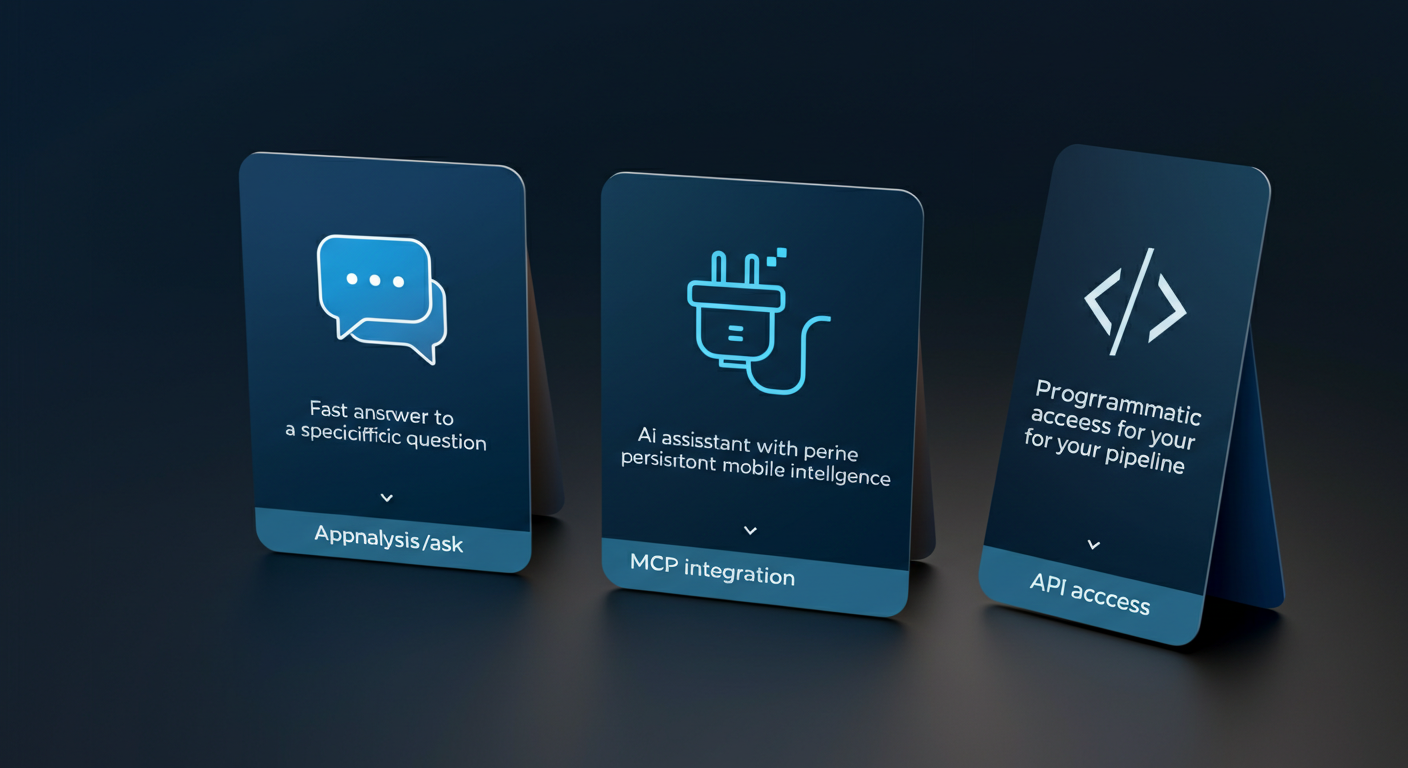 Three Appnalysis access options shown as feature cards: Ask for quick answers, MCP integration for AI-native persistent access, and API for programmatic pipeline access
