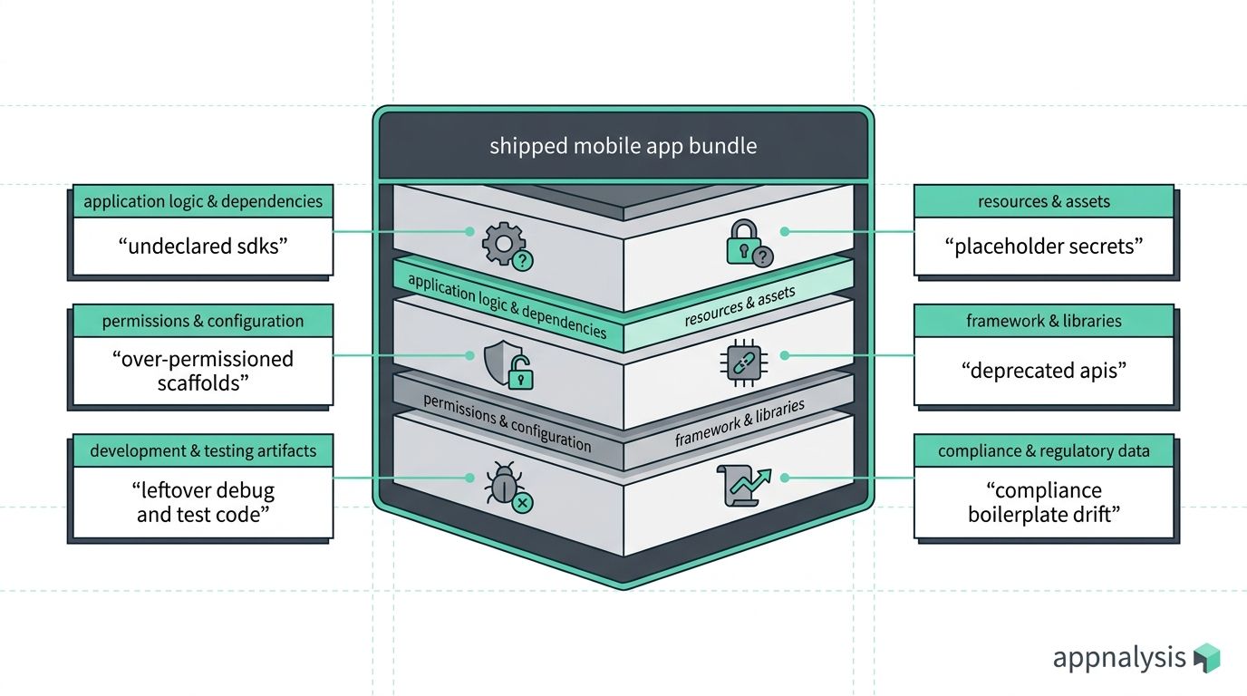shipped mobile app binary showing six vibe coding security risk areas: undeclared sdks, over-permissioning, leftover code, placeholder secrets, deprecated apis, compliance drift