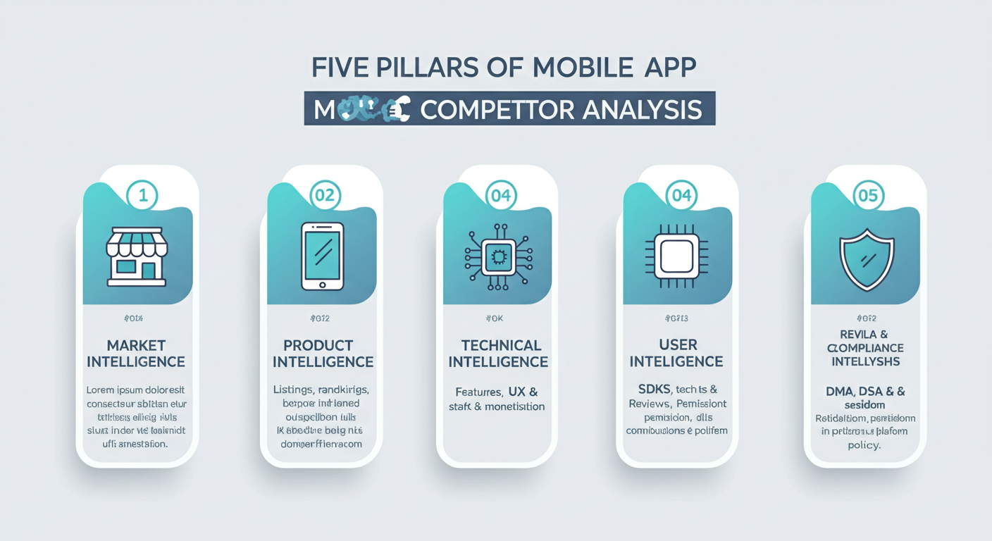 Five pillars of mobile app competitor analysis: market intelligence, product intelligence, technical intelligence, user intelligence, and regulatory and compliance intelligence