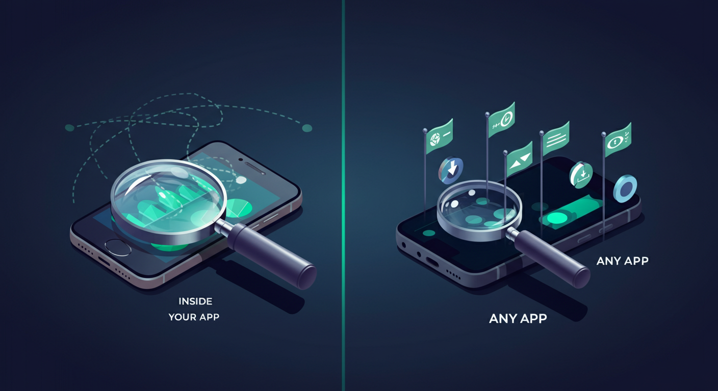 Horizontal comparison band showing a magnifying lens focused inside one phone on the left, and the same lens held above many phones on the right.