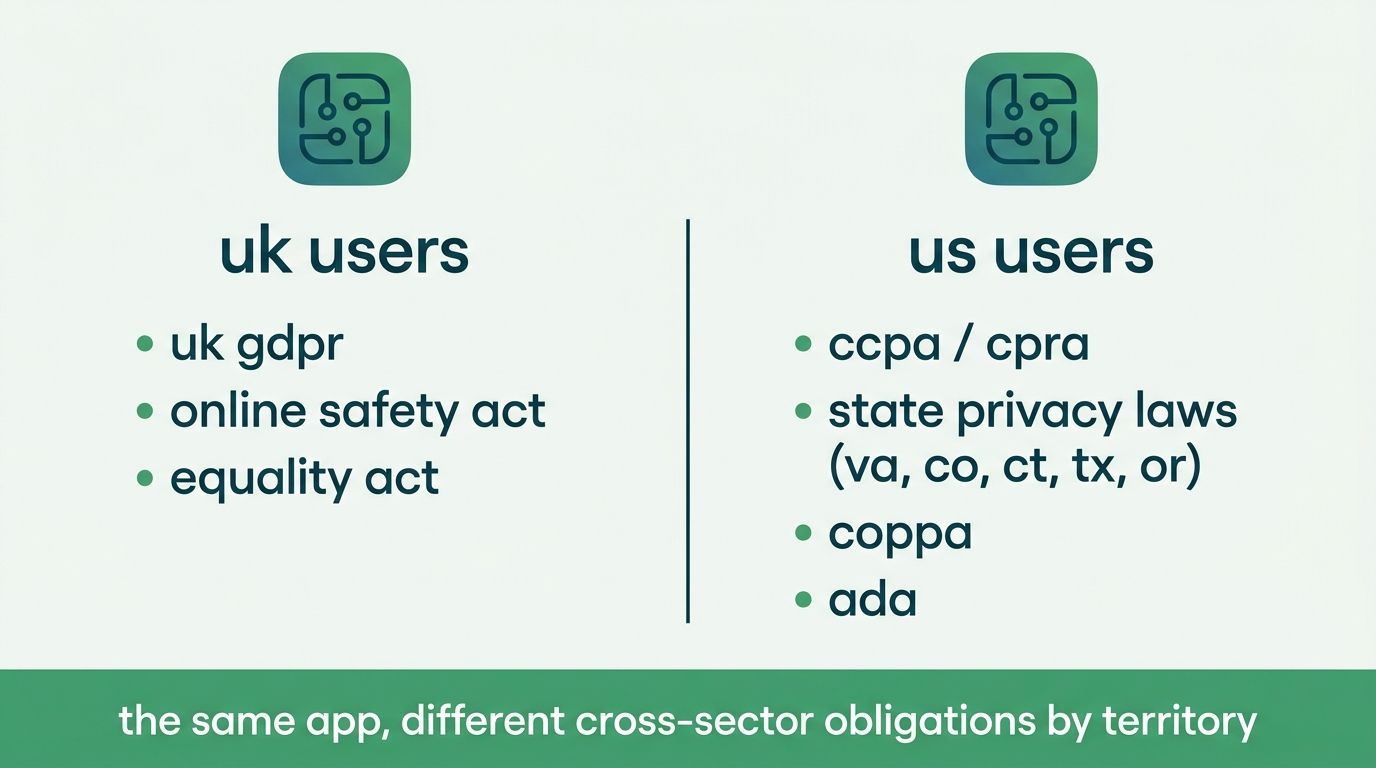 same mobile app facing different cross-sector rule sets in uk and us, showing how uk gdpr, ccpa, state privacy laws and online safety rules overlap for one product