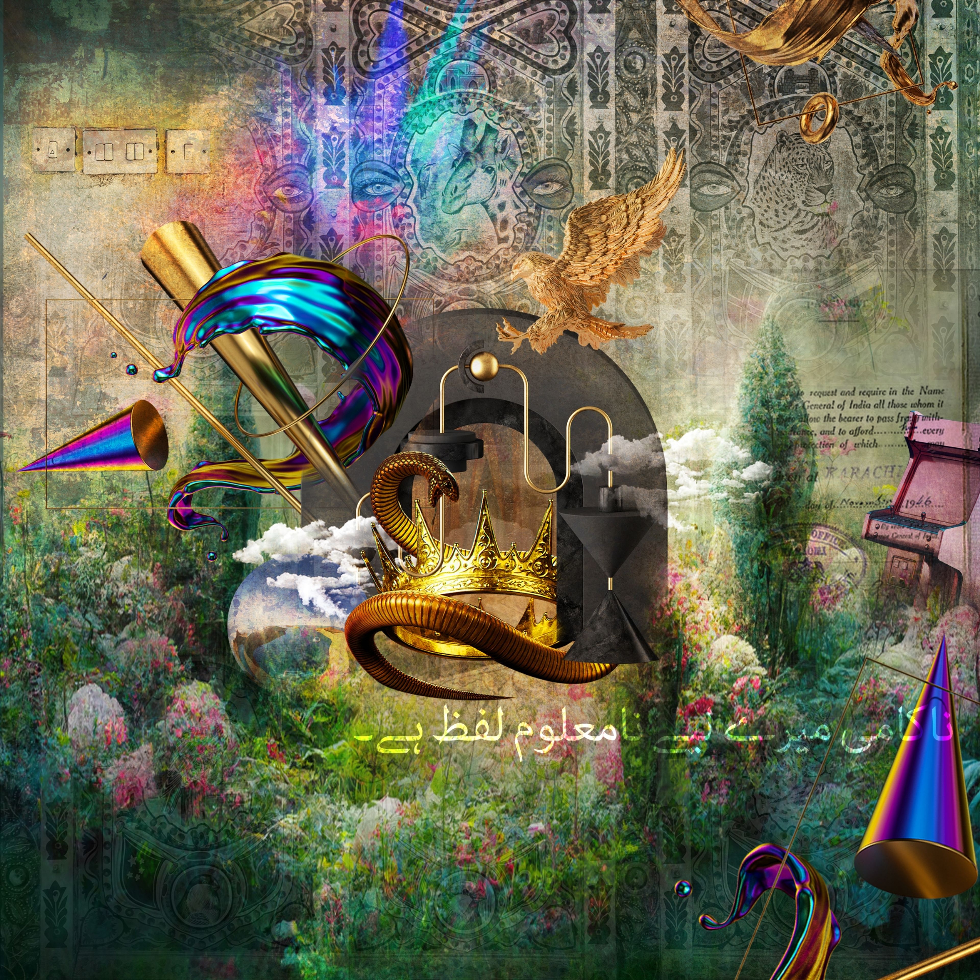 Zouk brand collage with a golden crown, eagle and serpents over banknote and garden textures