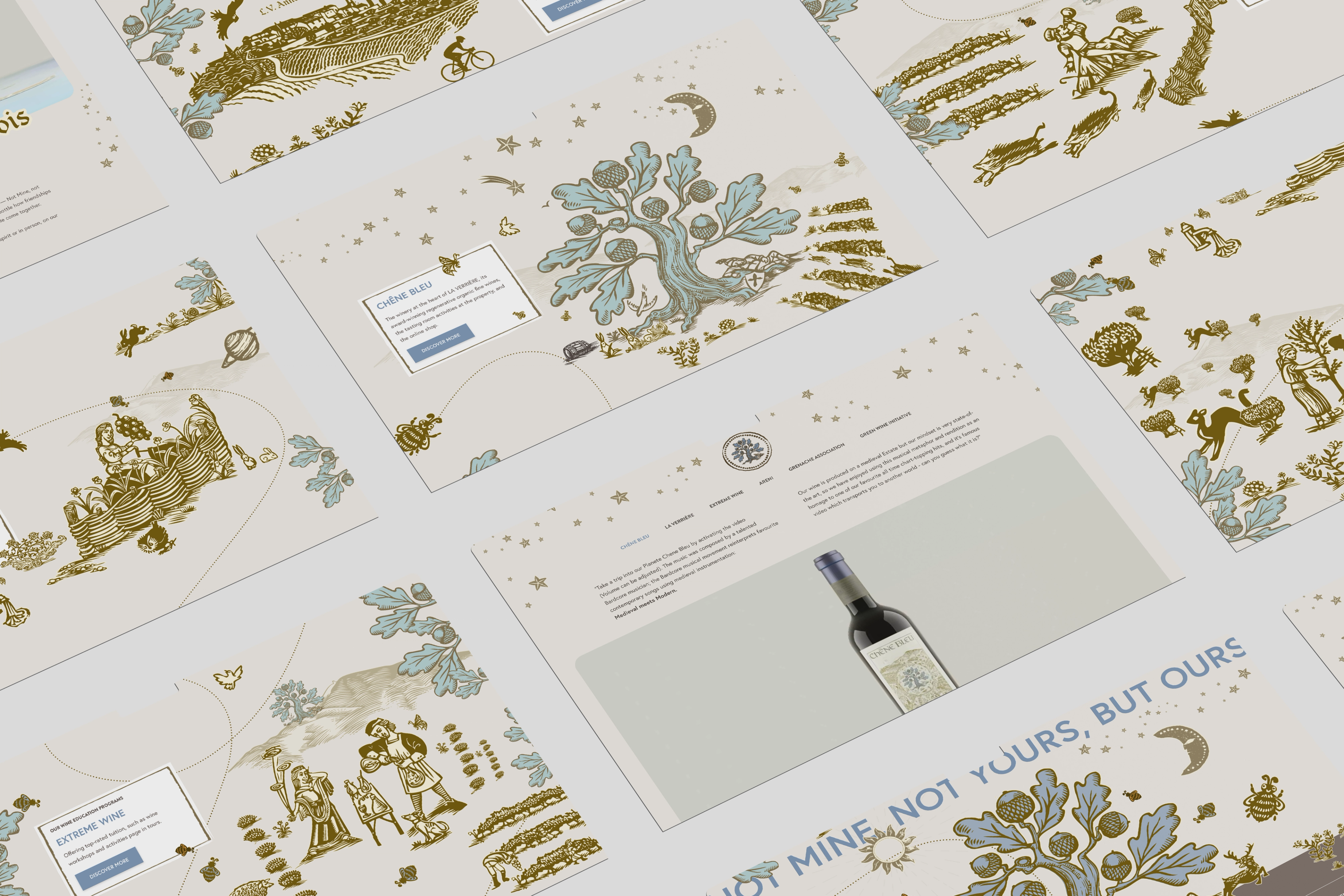 Fortunate Son wine website pages with ornate gold and blue illustrated scenes and a bottle centrepiece
