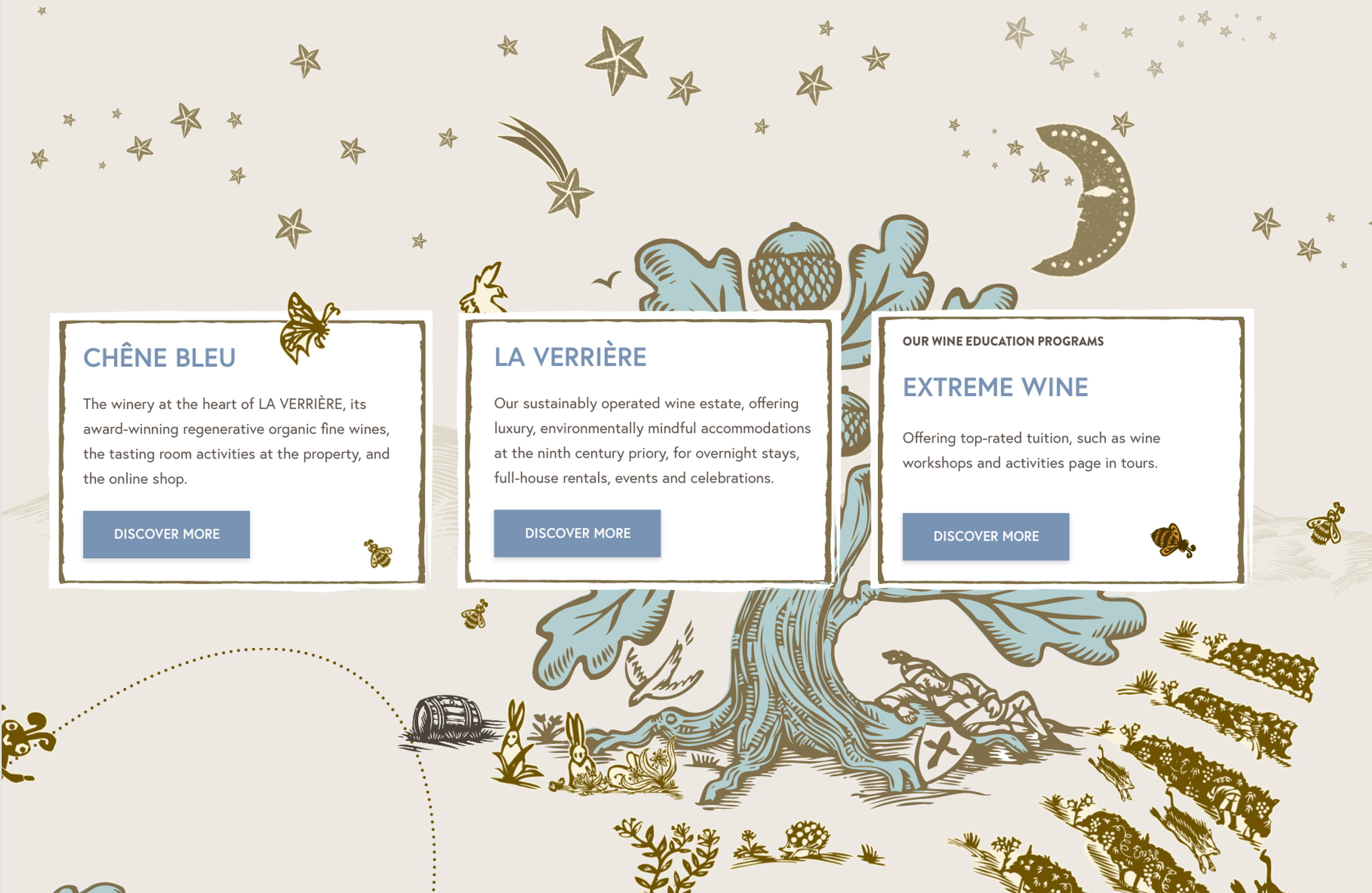 Chêne Bleu website cards for the winery, La Verrière estate and wine education, set over the illustrated oak tree