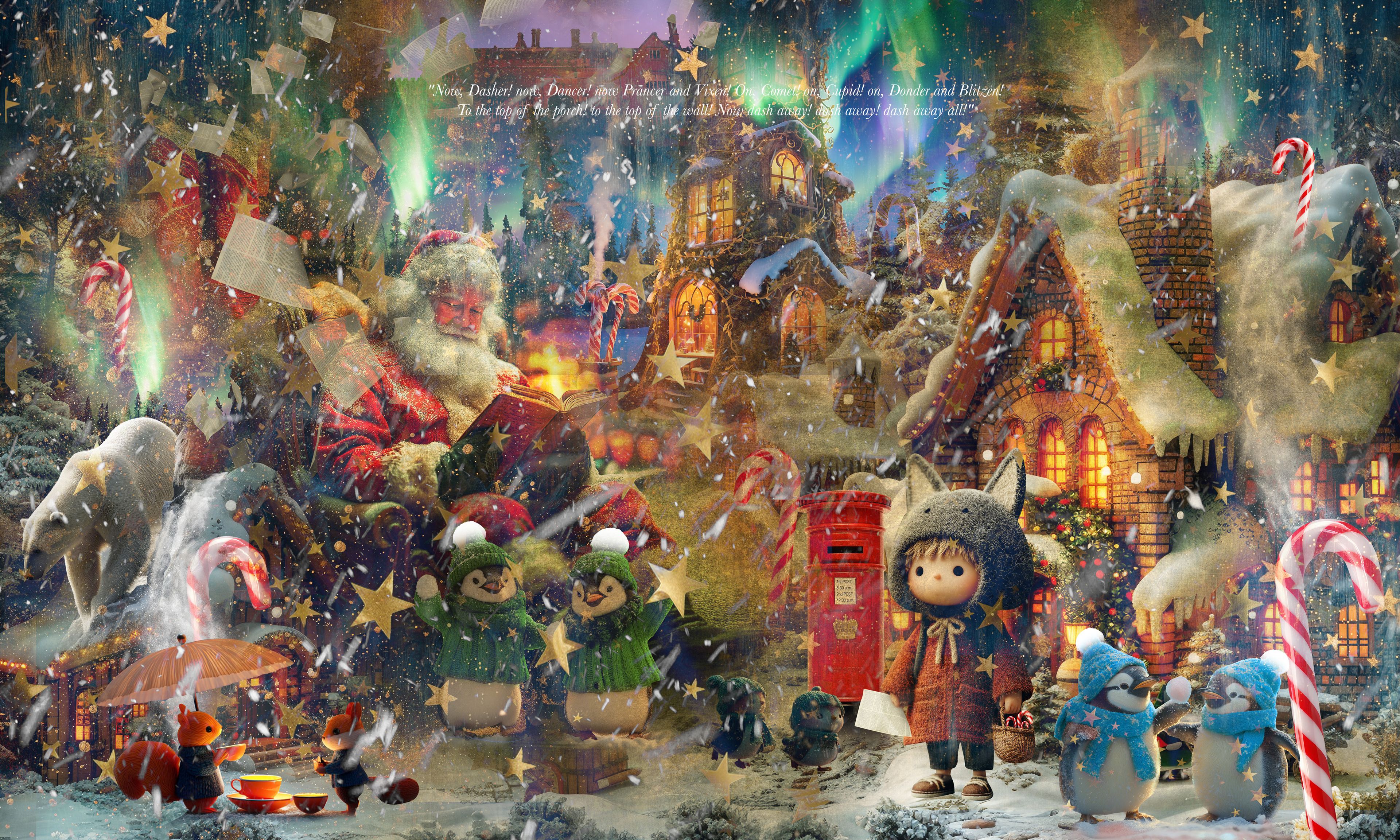 Illustrated snowy Christmas village with animal characters and northern lights for Marwell Zoo