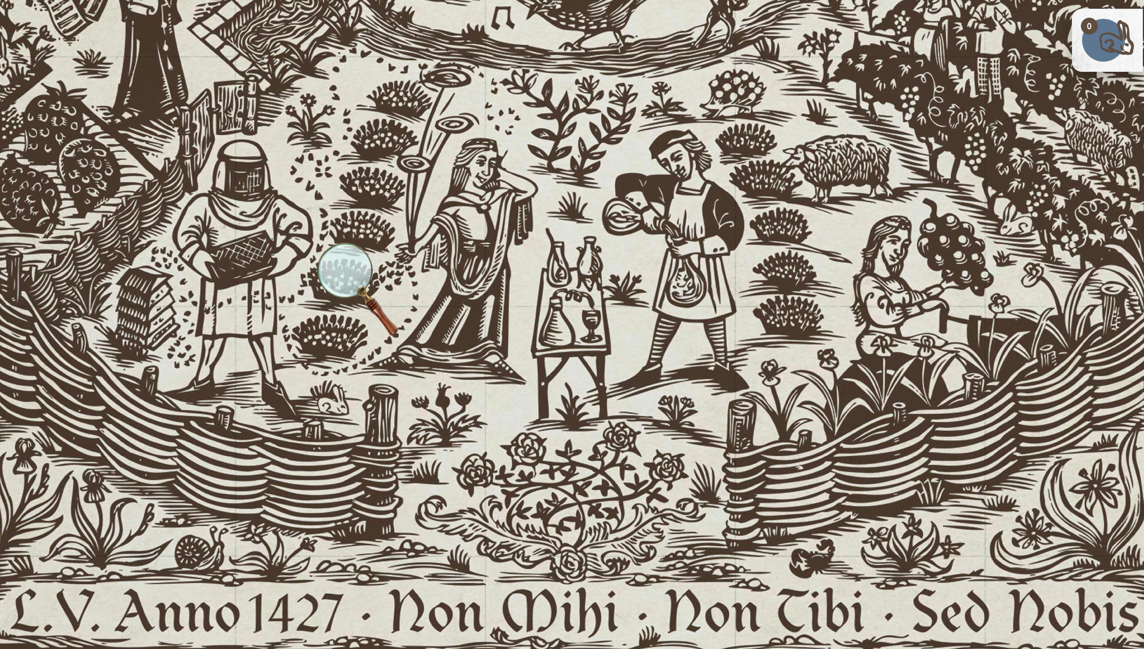 Detail of Chêne Bleu's medieval-style label illustration with the motto Non Mihi Non Tibi Sed Nobis