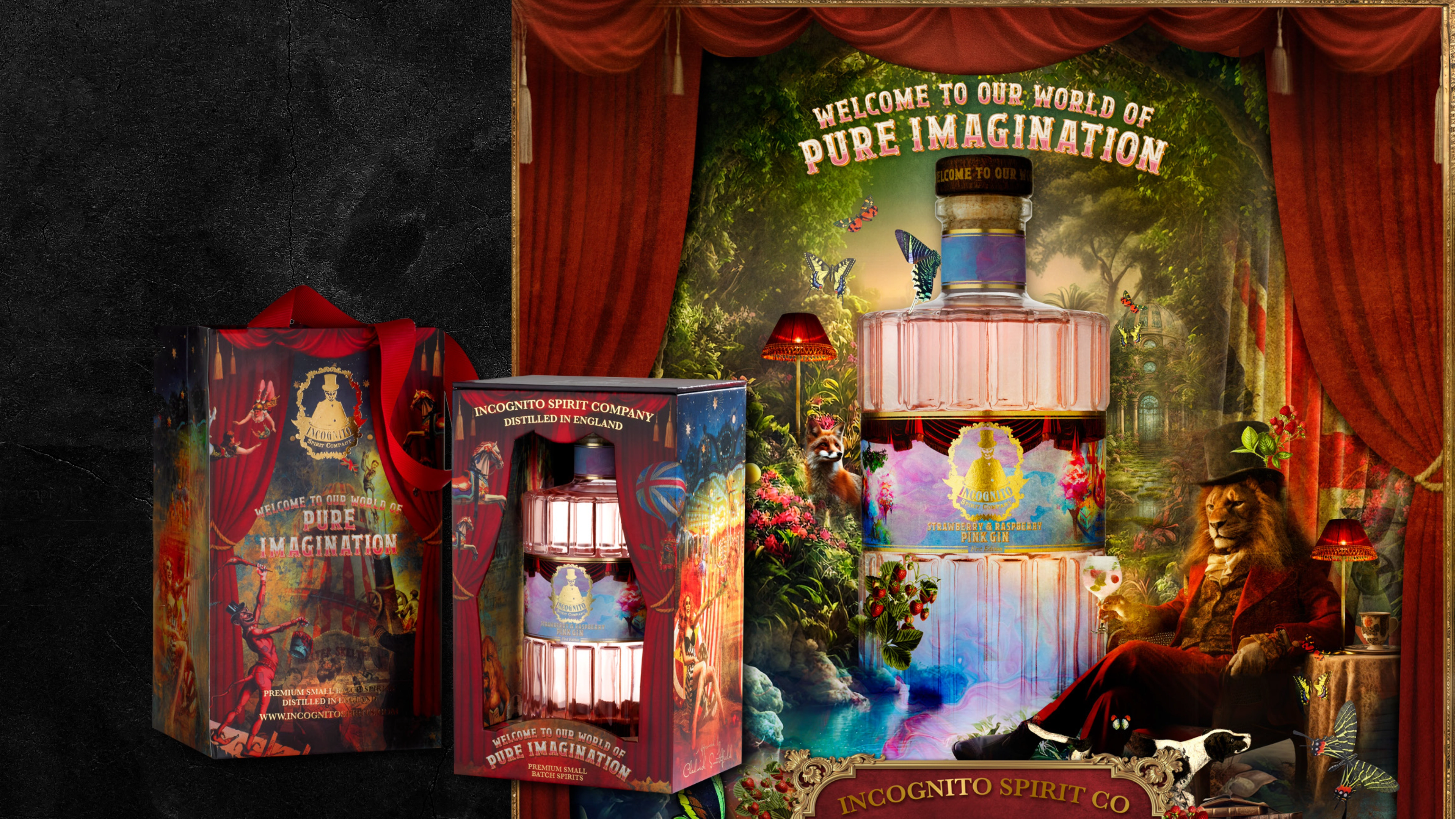 Incognito gin gift box packaging beside Pure Imagination key art with a lion character