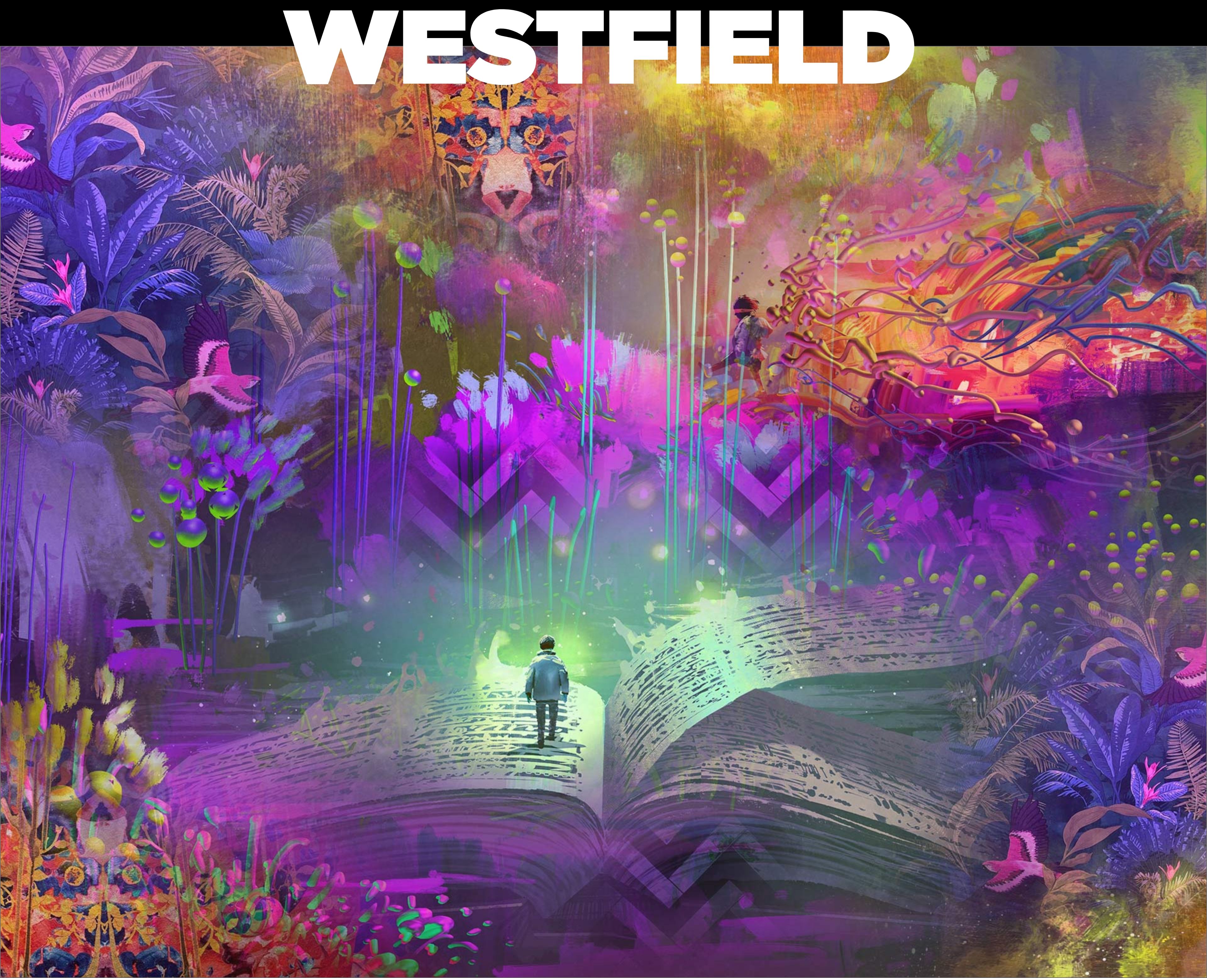 Westfield campaign illustration of a figure walking across a giant open book in a glowing magical jungle