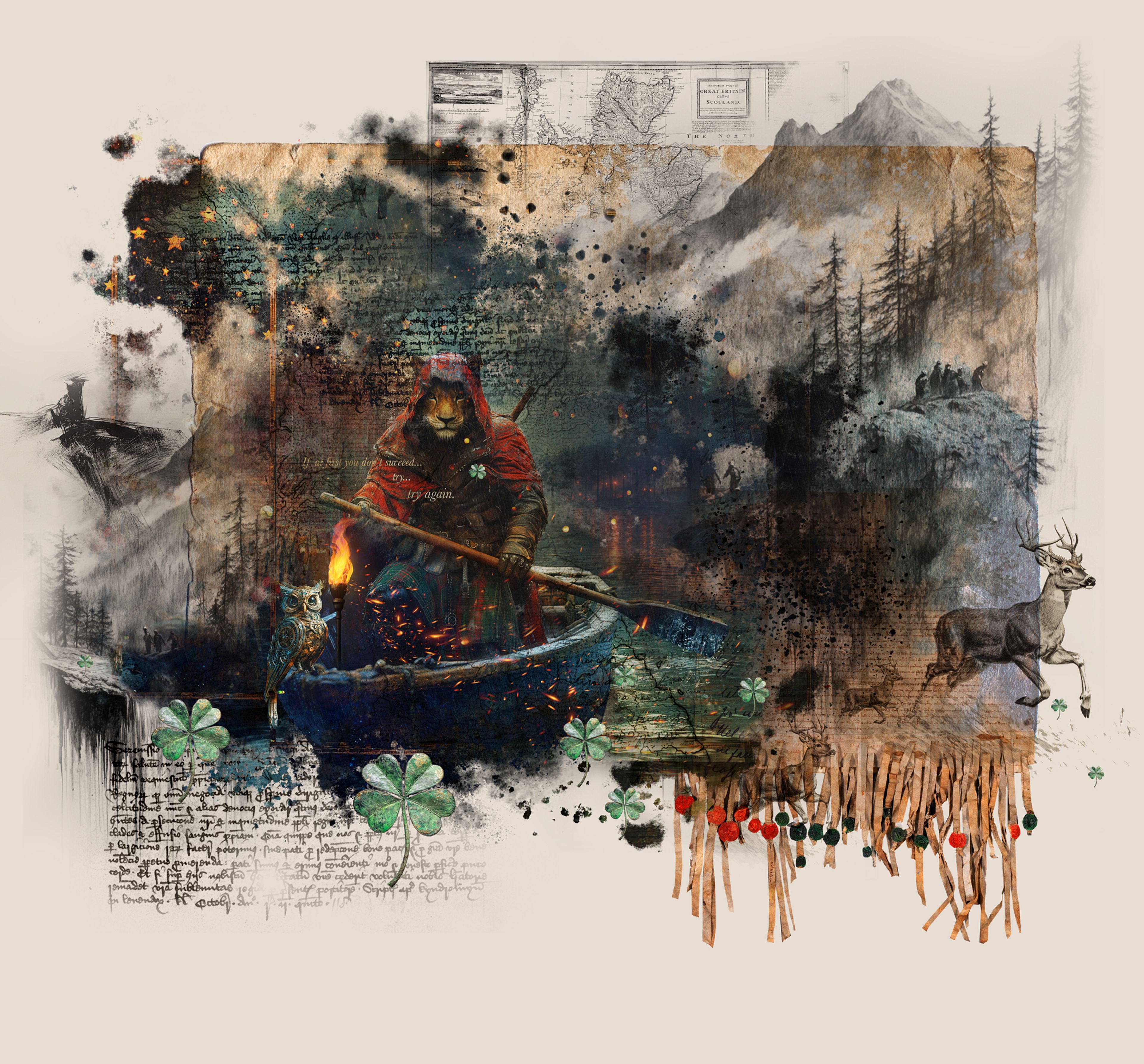 Kirkmichael Arms brand illustration of a hooded bear rowing a torch-lit boat through misty forest