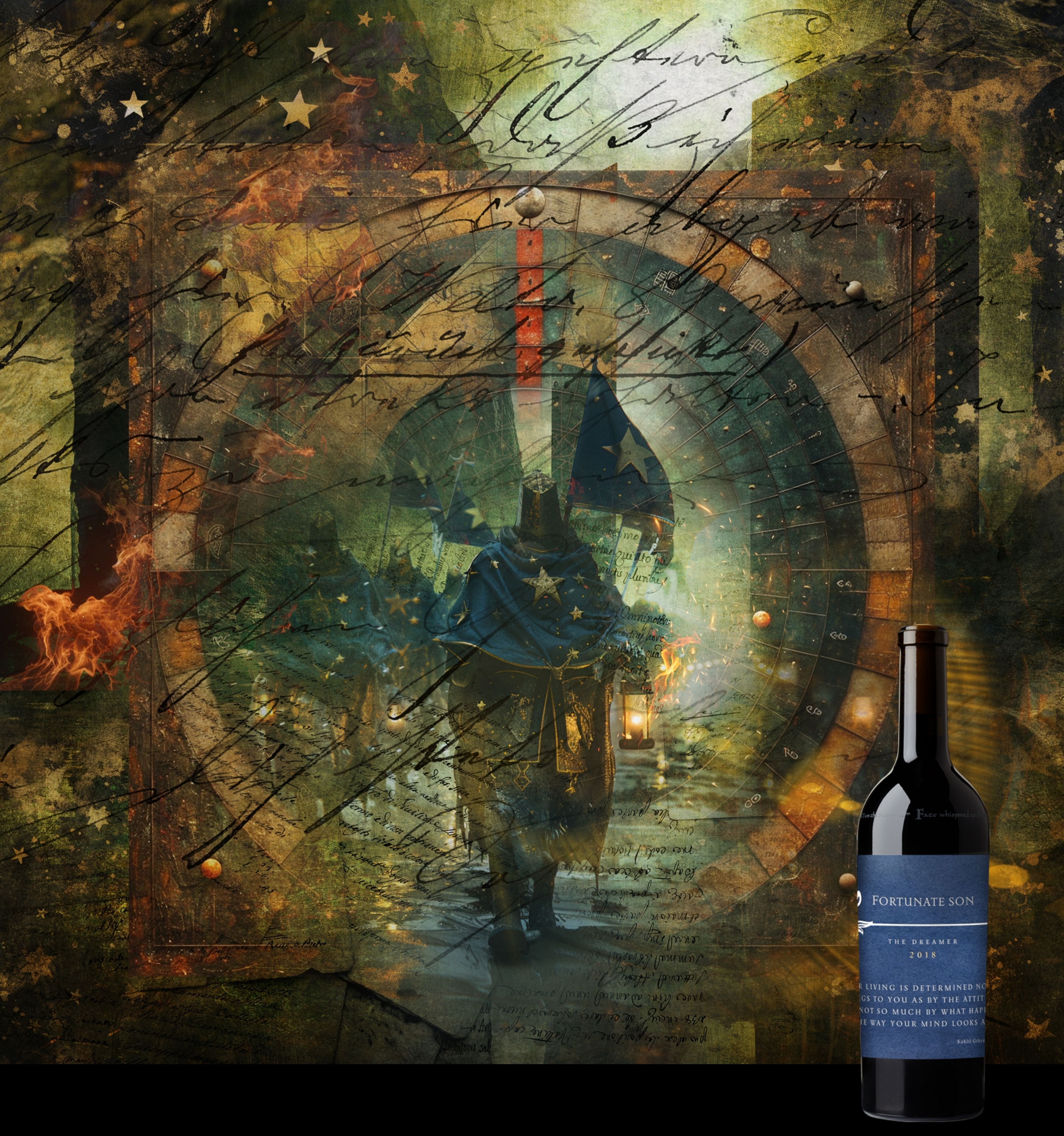 Fortunate Son The Dreamer wine bottle with label artwork of a caped knight on a torchlit path
