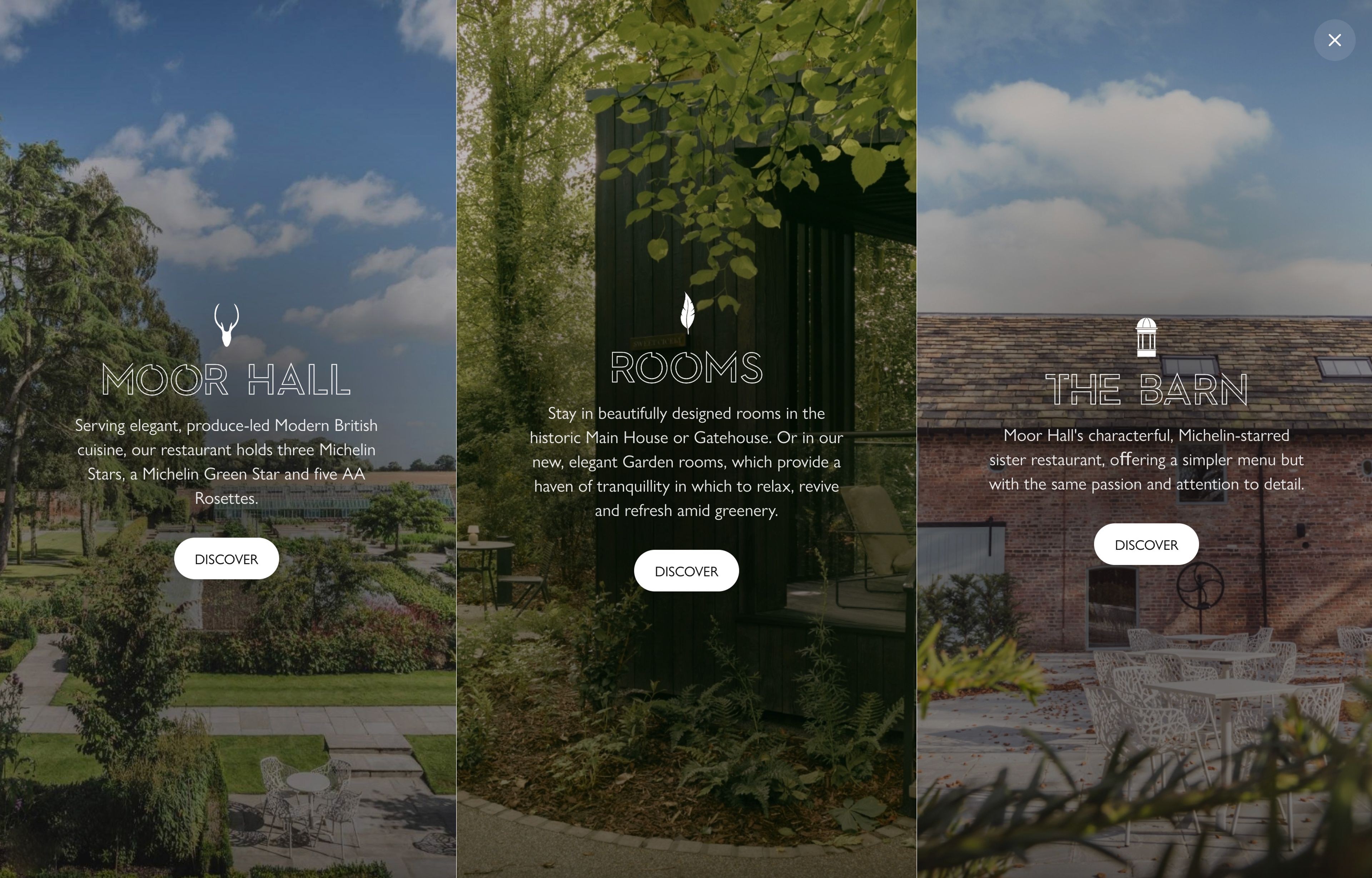 Moor Hall website design with three-panel navigation for the restaurant, rooms and The Barn