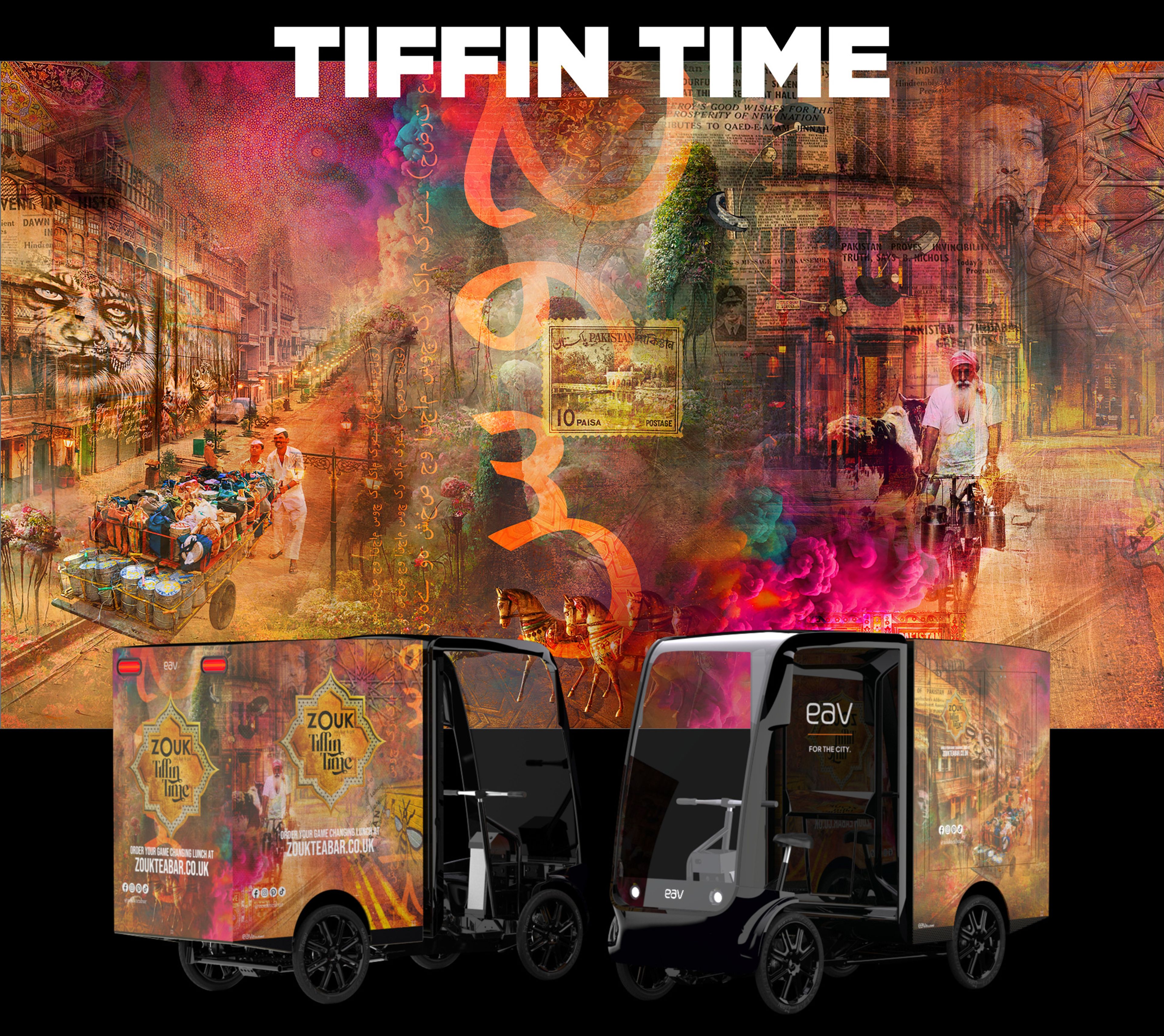 Zouk Tea Bar Tiffin Time campaign with vivid street-scene artwork and branded electric delivery vans