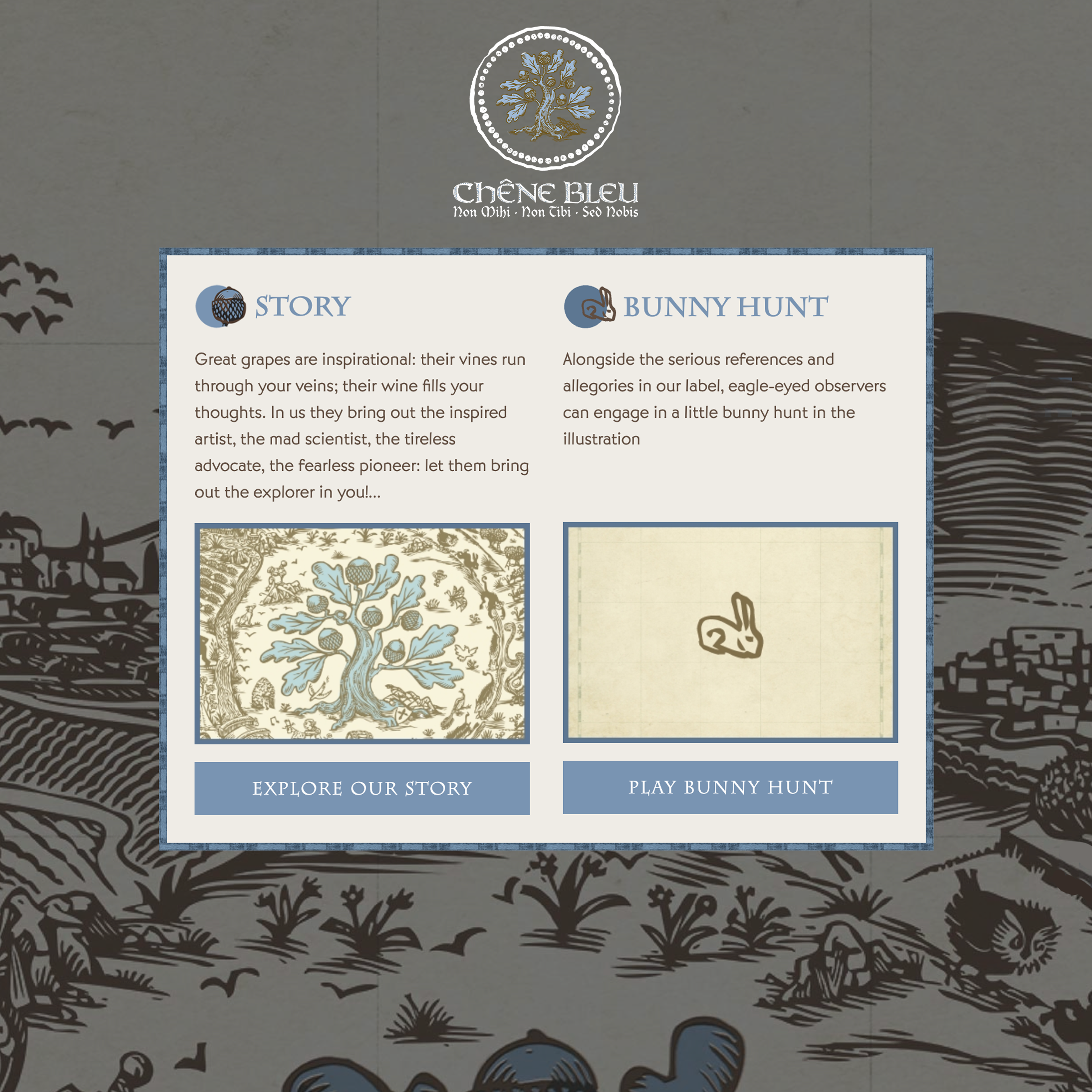 Chêne Bleu interactive experience menu offering the estate's story and the bunny hunt game