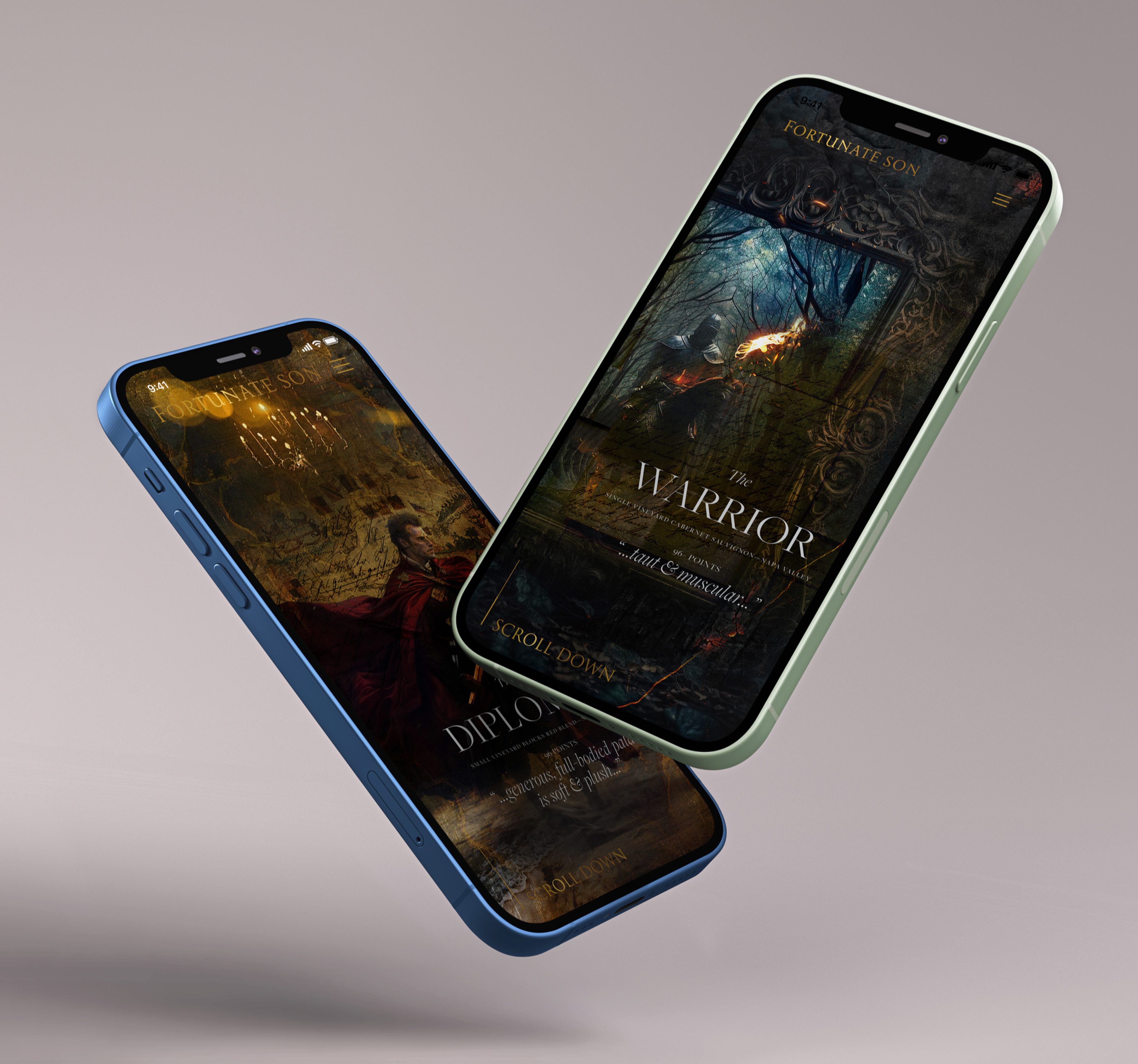 Two phones showing the Fortunate Son Wines mobile site with dark fantasy artwork for The Warrior