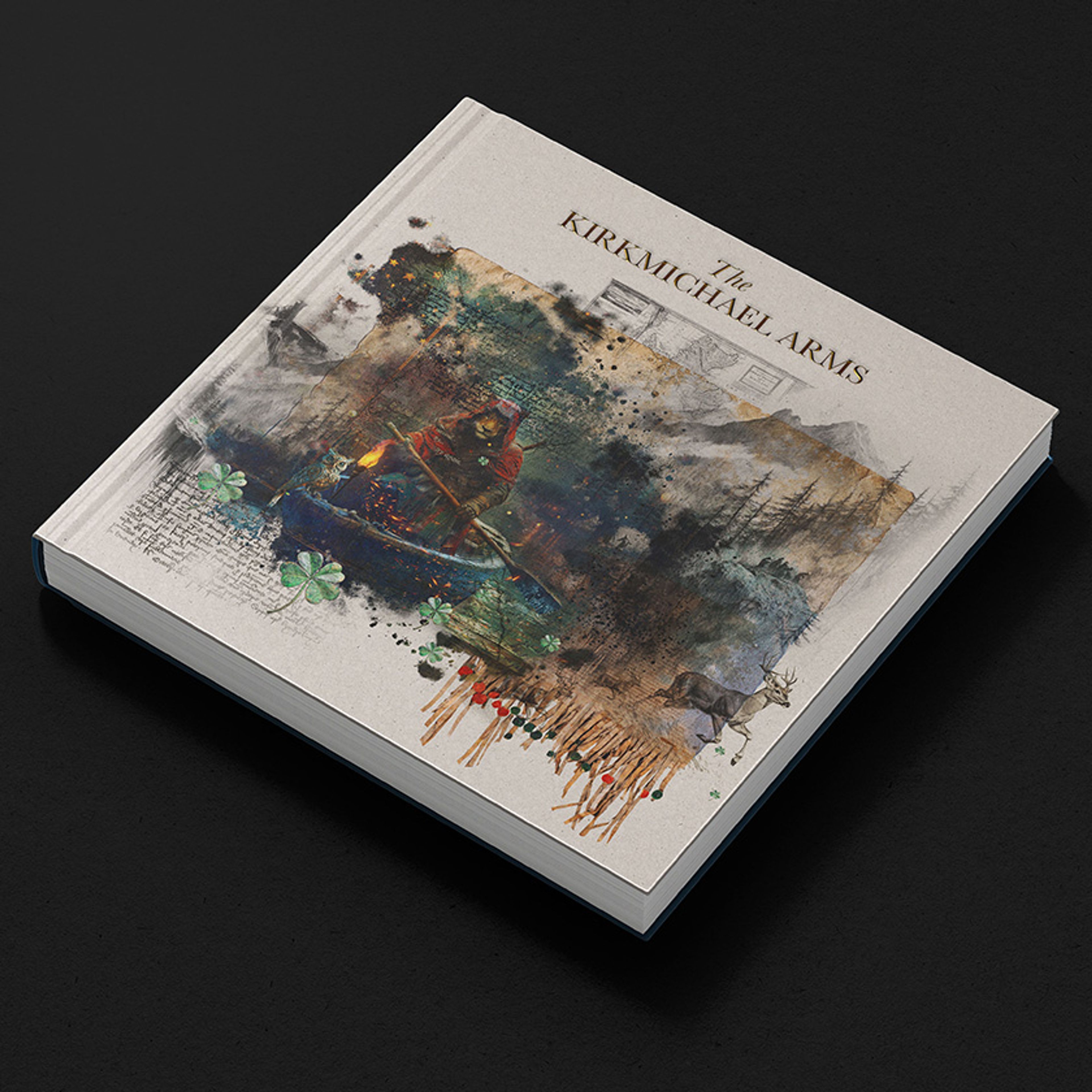 Hardback brand book for The Kirkmichael Arms with illustrated Scottish collage cover artwork
