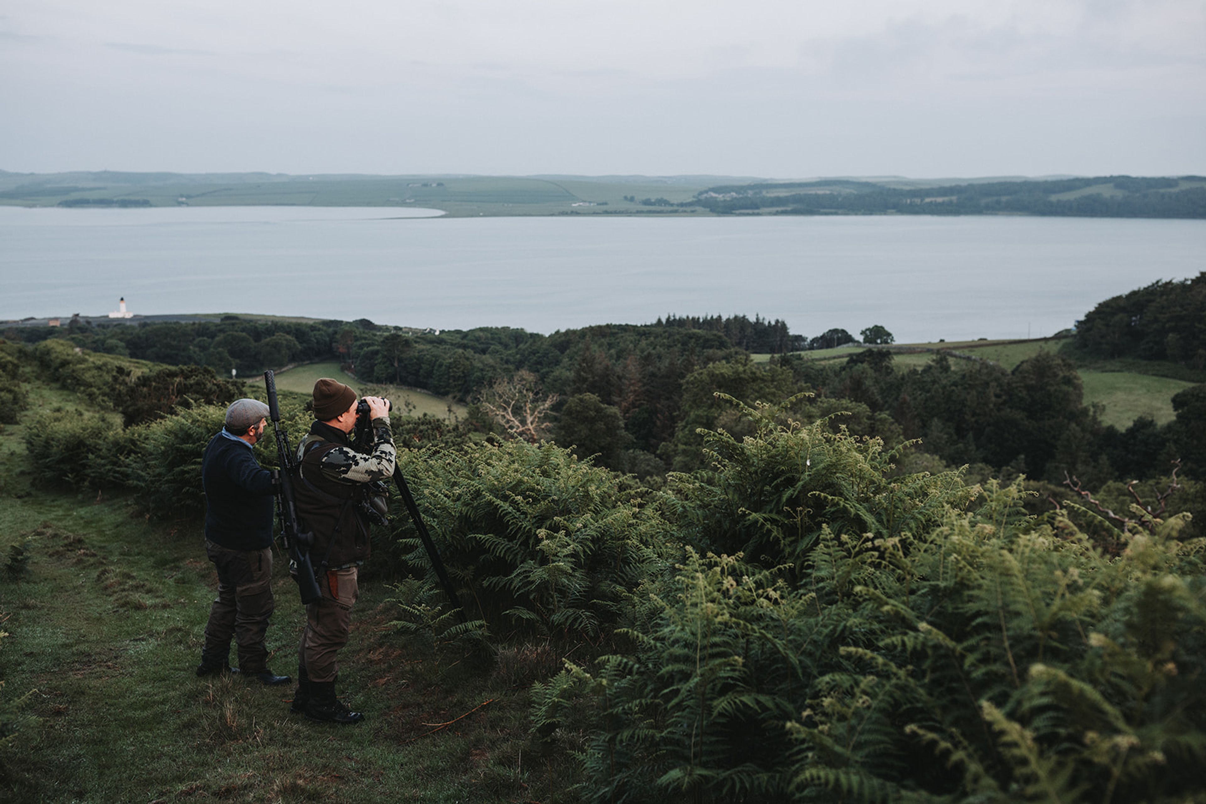 Two people with binoculars looking out over a wide estuary from a bracken-covered hillside