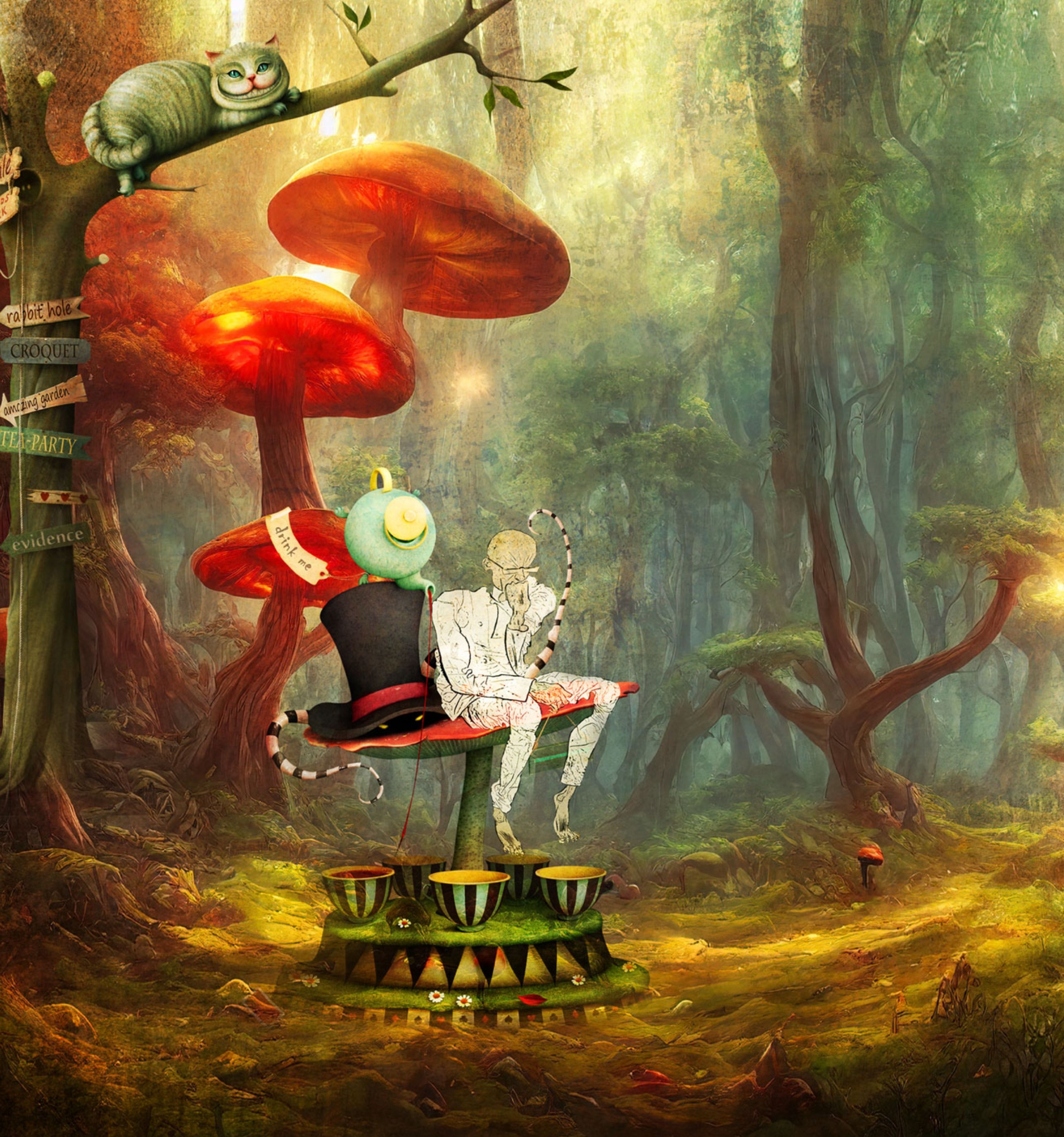 Alice in Wonderland-inspired illustration for The Fat Duck with the Cheshire Cat and a mad hatter's tea party