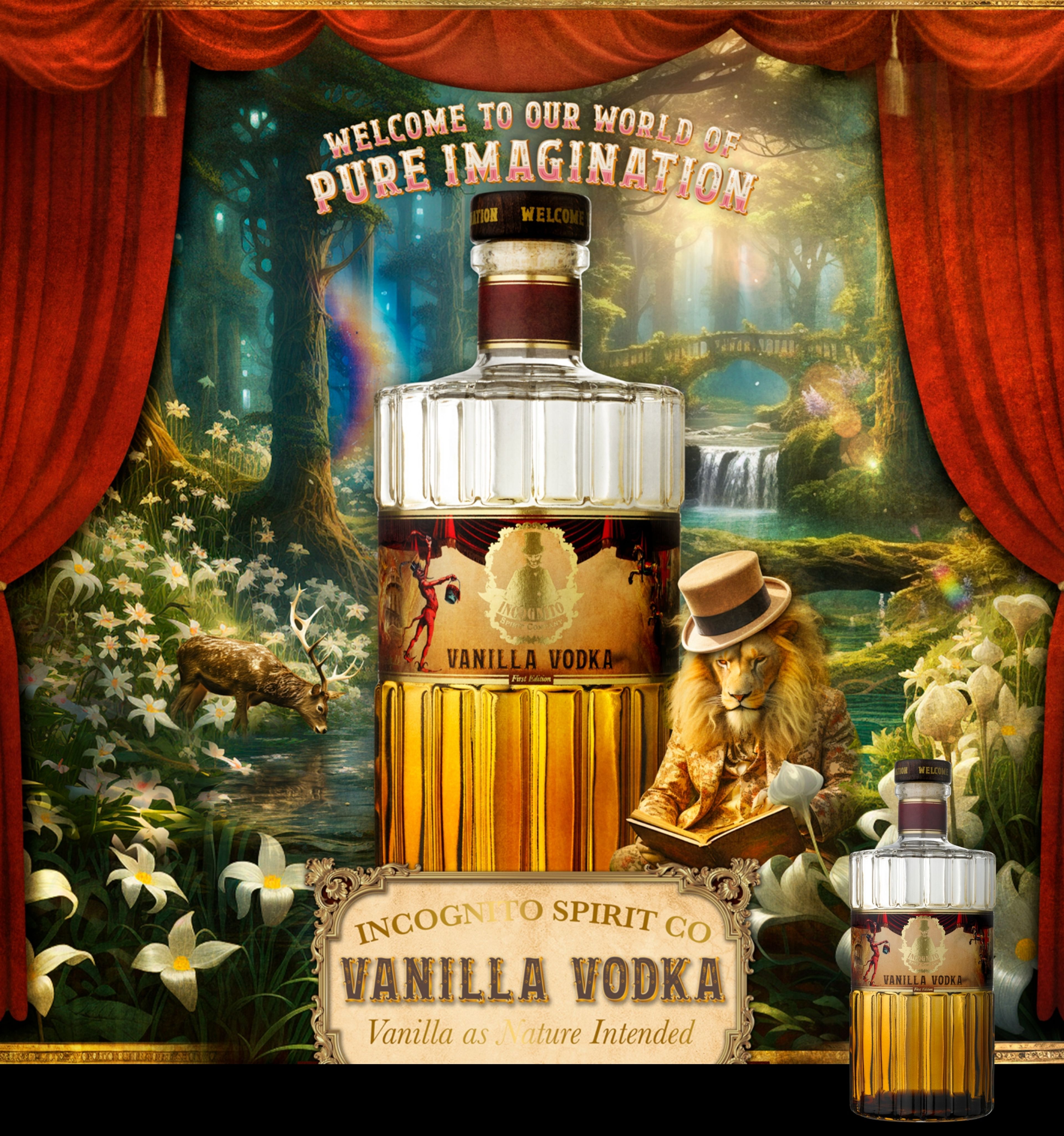 Incognito Spirit Co Vanilla Vodka bottle artwork with a lion reading in a sunlit fairytale forest