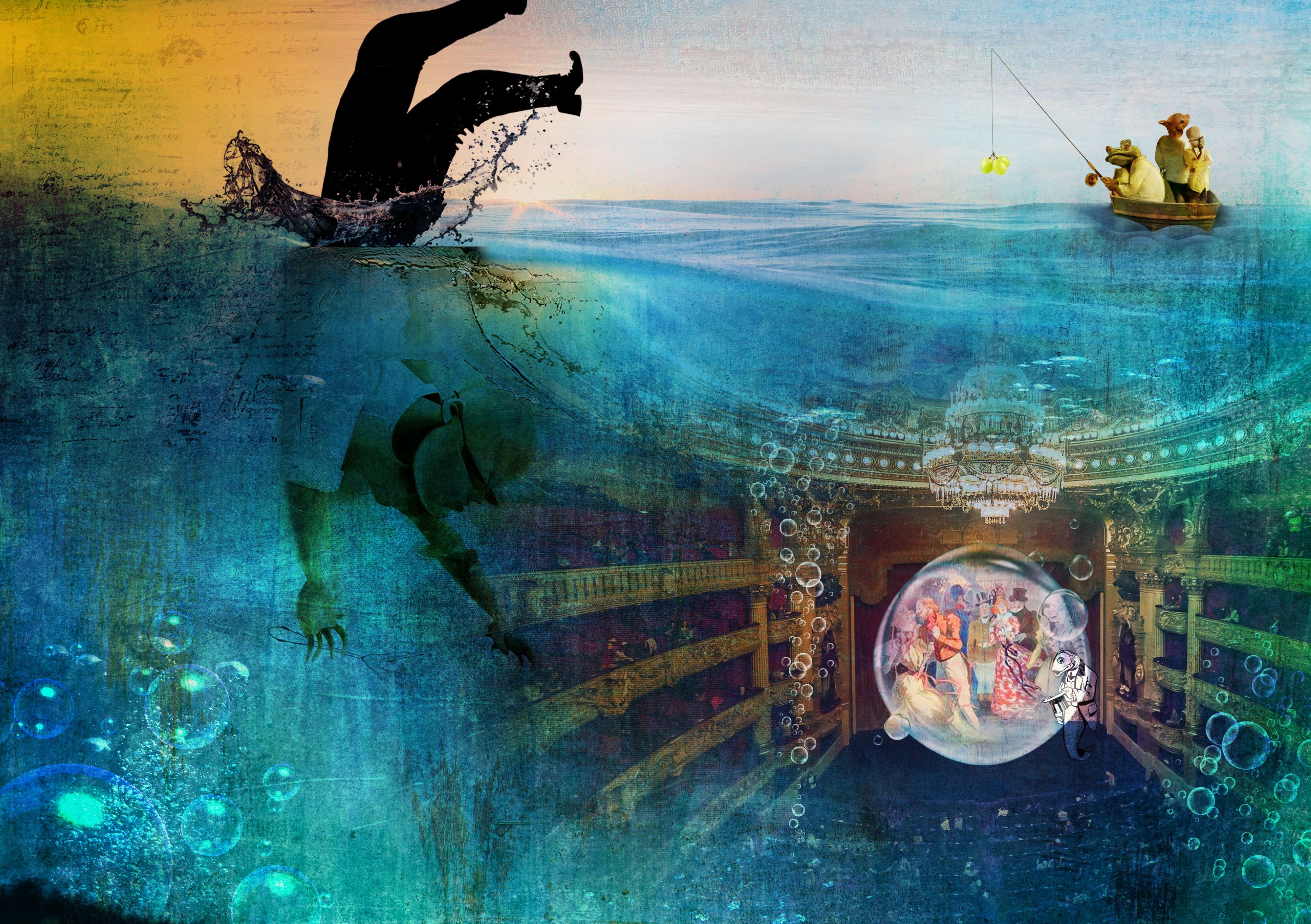 Surreal artwork for The Fat Duck of a diver plunging towards a sunken theatre while a gnome fishes above