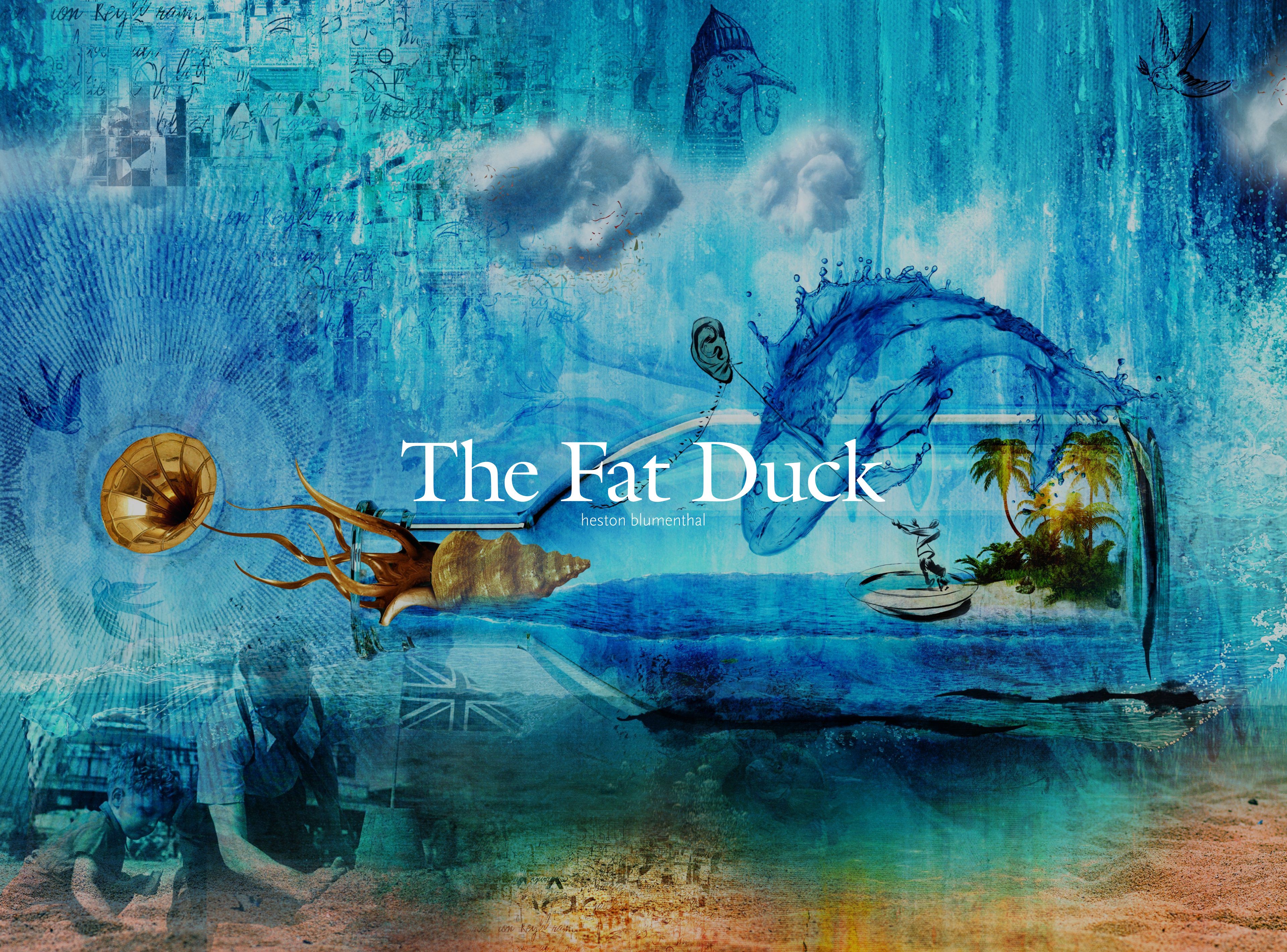 Surreal blue collage artwork for The Fat Duck by Heston Blumenthal, with whimsical sea imagery