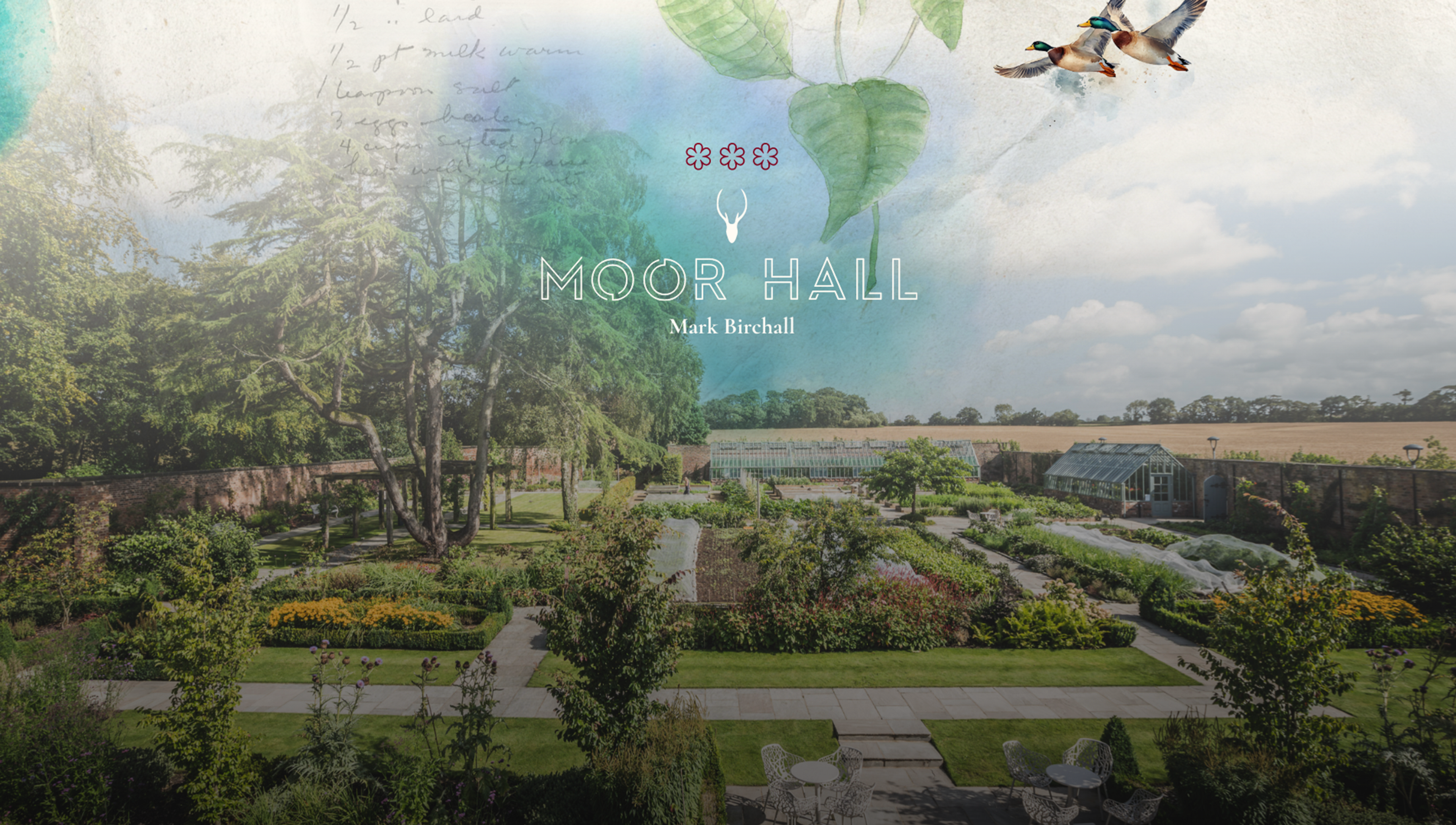 Moor Hall website landing page with the restaurant's walled garden and three-Michelin-star branding