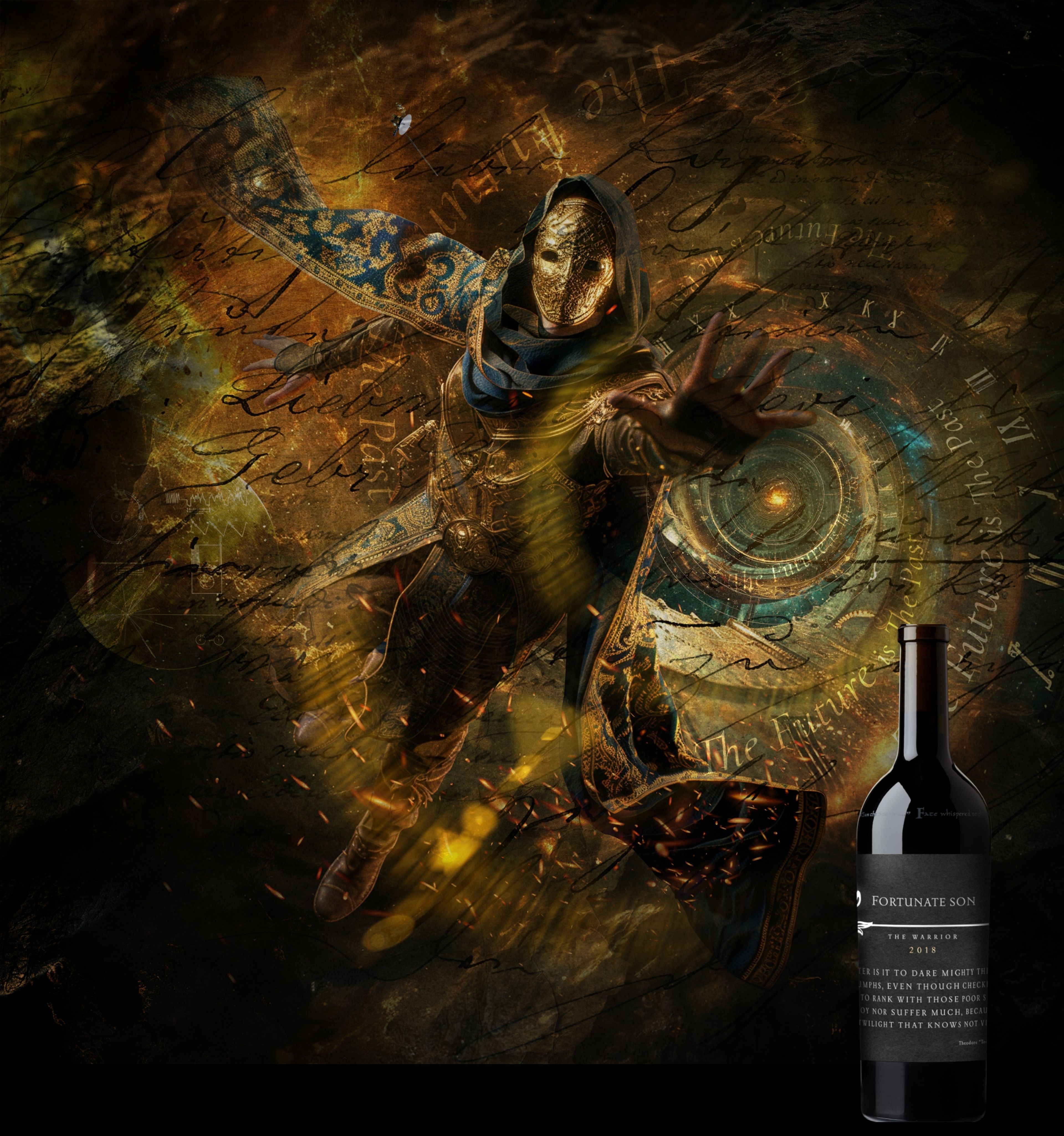 Fortunate Son The Warrior bottle with label artwork of a gold-masked warrior leaping amid embers