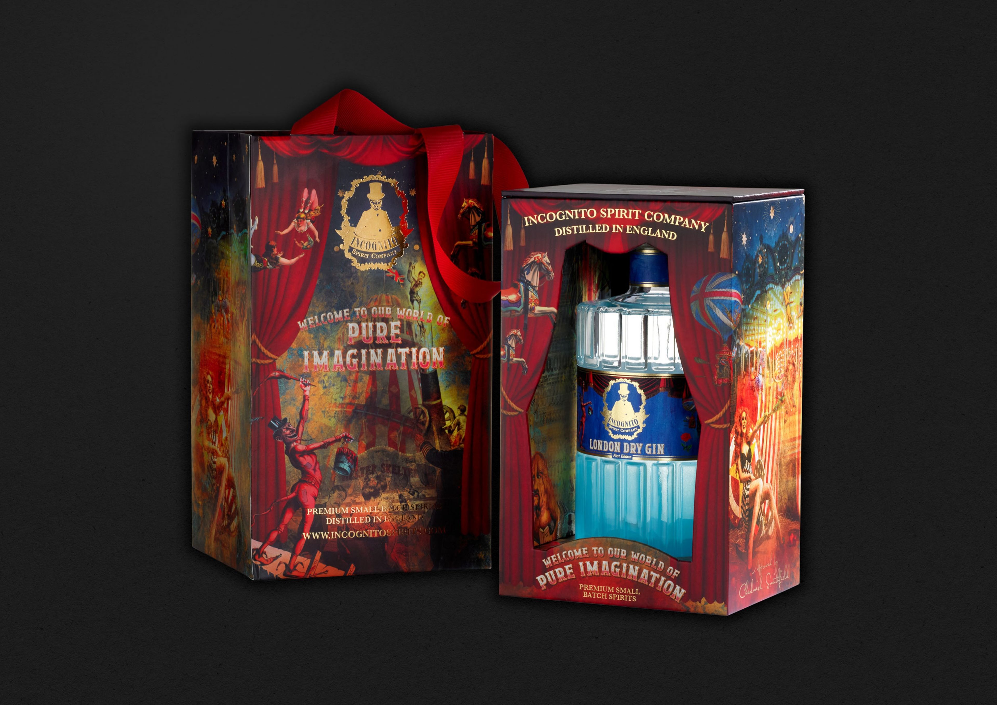 Incognito Spirit Co London Dry Gin presentation box and printed gift bag packaging design