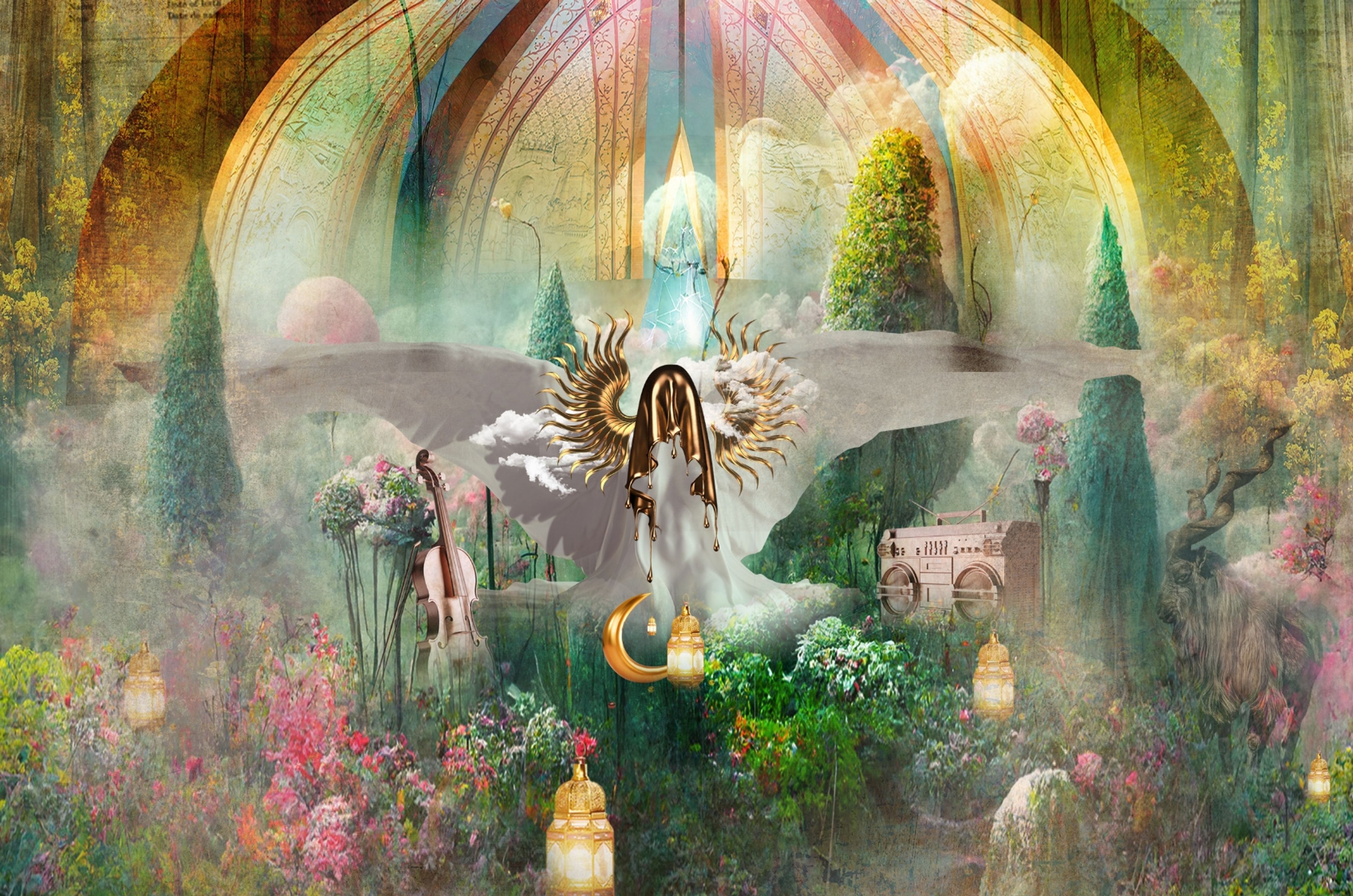 Fantastical collage artwork for Zouk Tea Bar with a winged figure, lush gardens and glowing lanterns