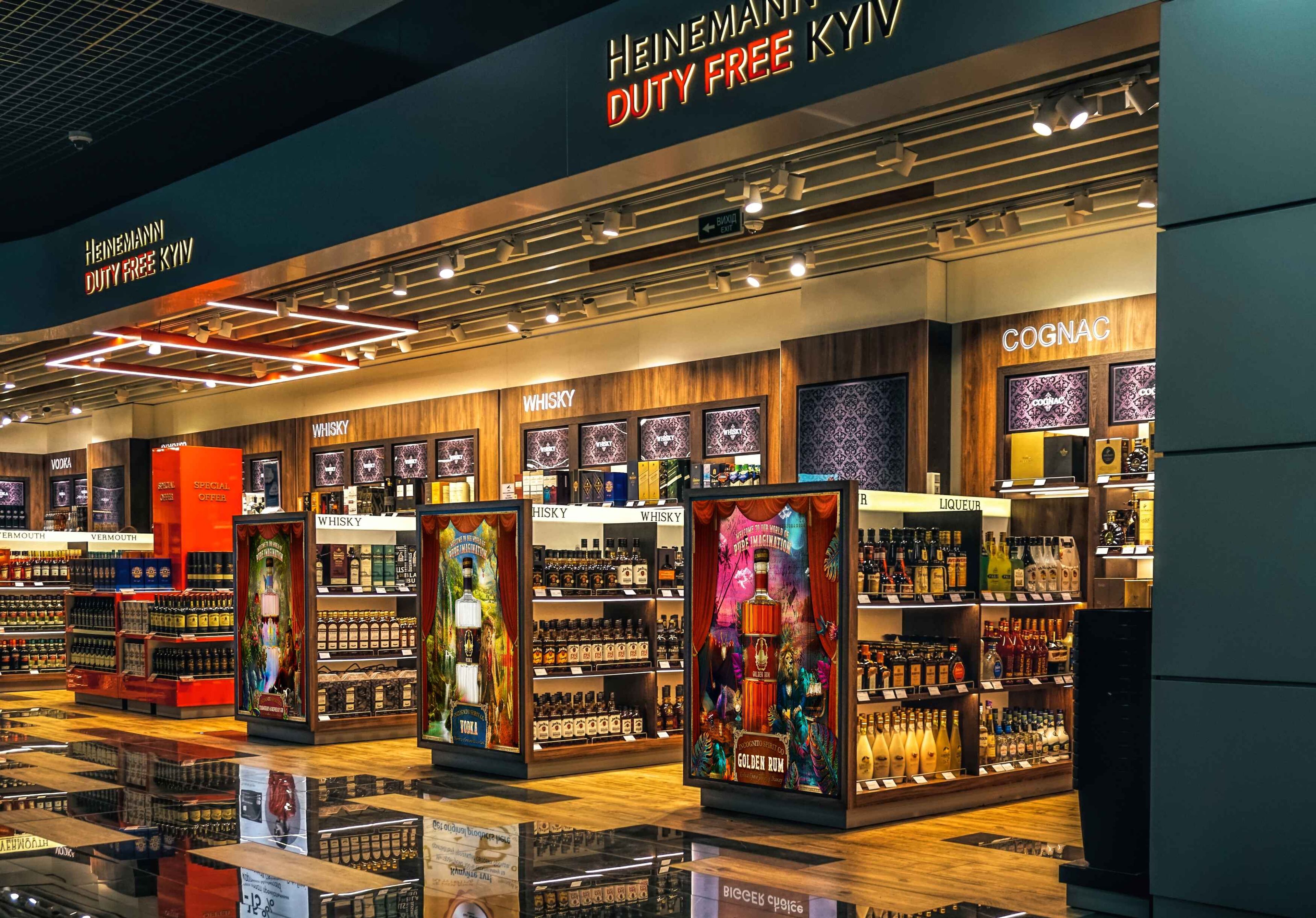 Incognito Spirit Co bottle displays in the Heinemann Duty Free store at Kyiv airport