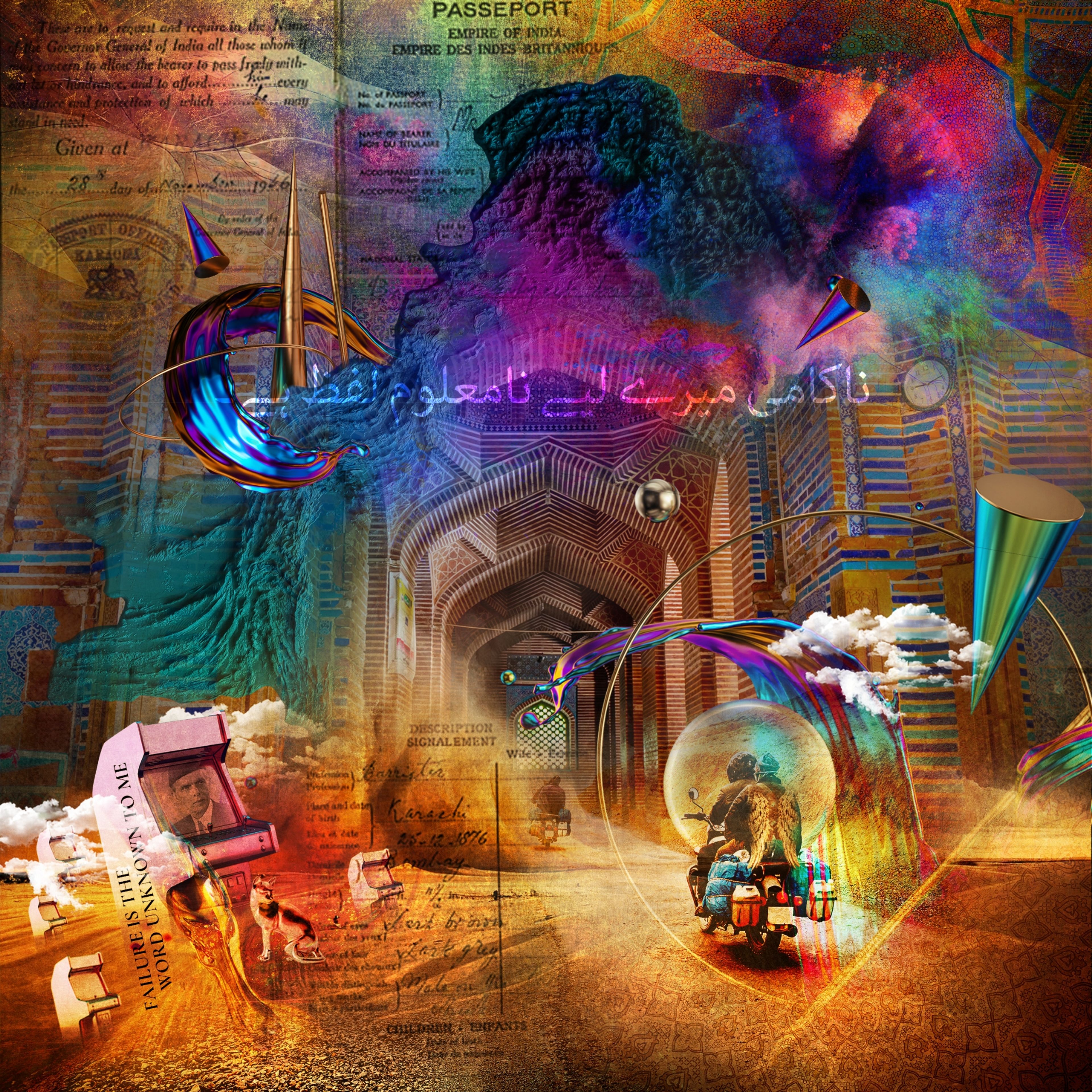 Vibrant Zouk collage artwork blending a Mughal archway, vintage passport pages and a motorbike in a bubble