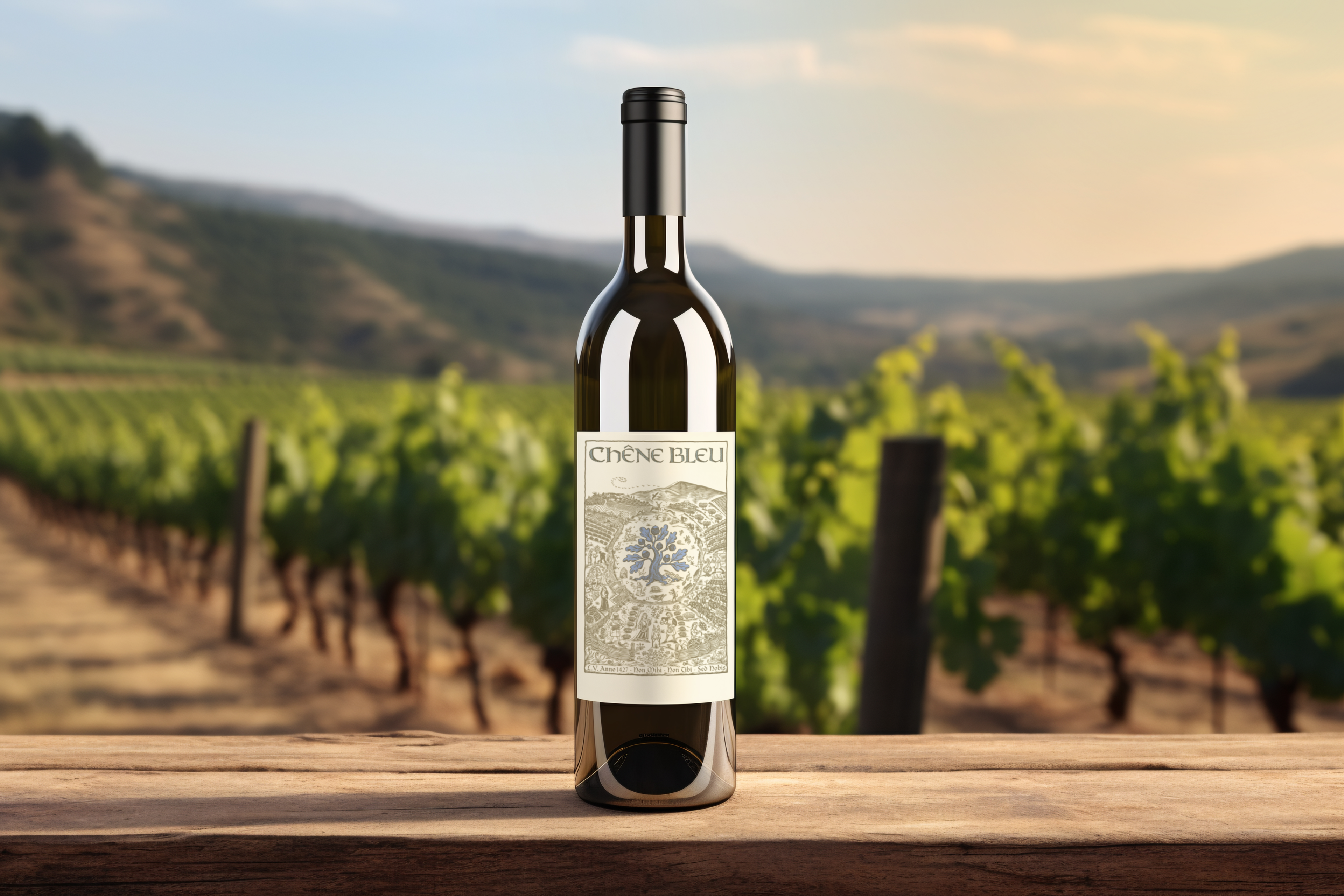 Chêne Bleu wine bottle on a wooden table in front of sunlit vineyard rows