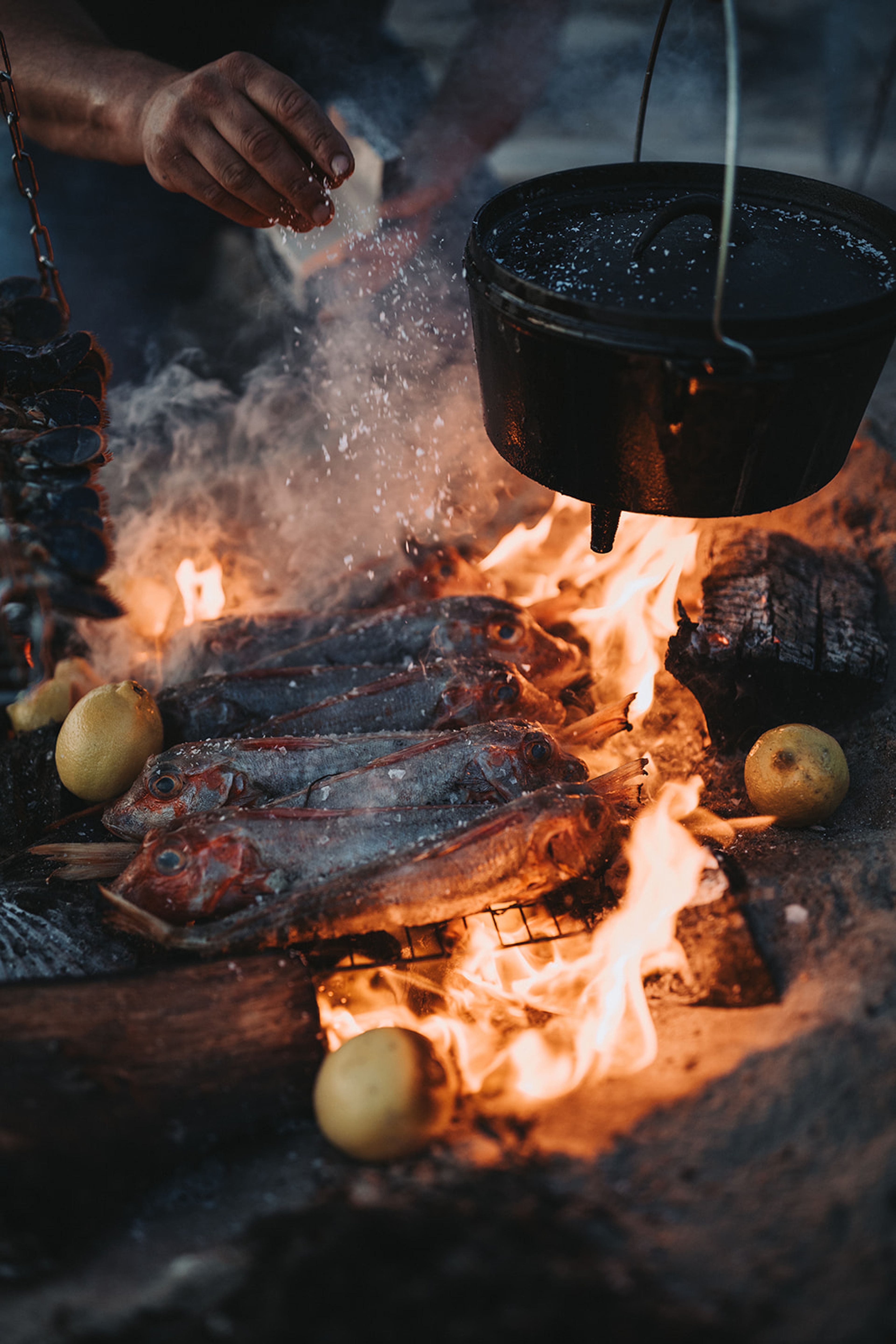 Whole fish grilling over open flames as a hand sprinkles salt beside a cast-iron pot