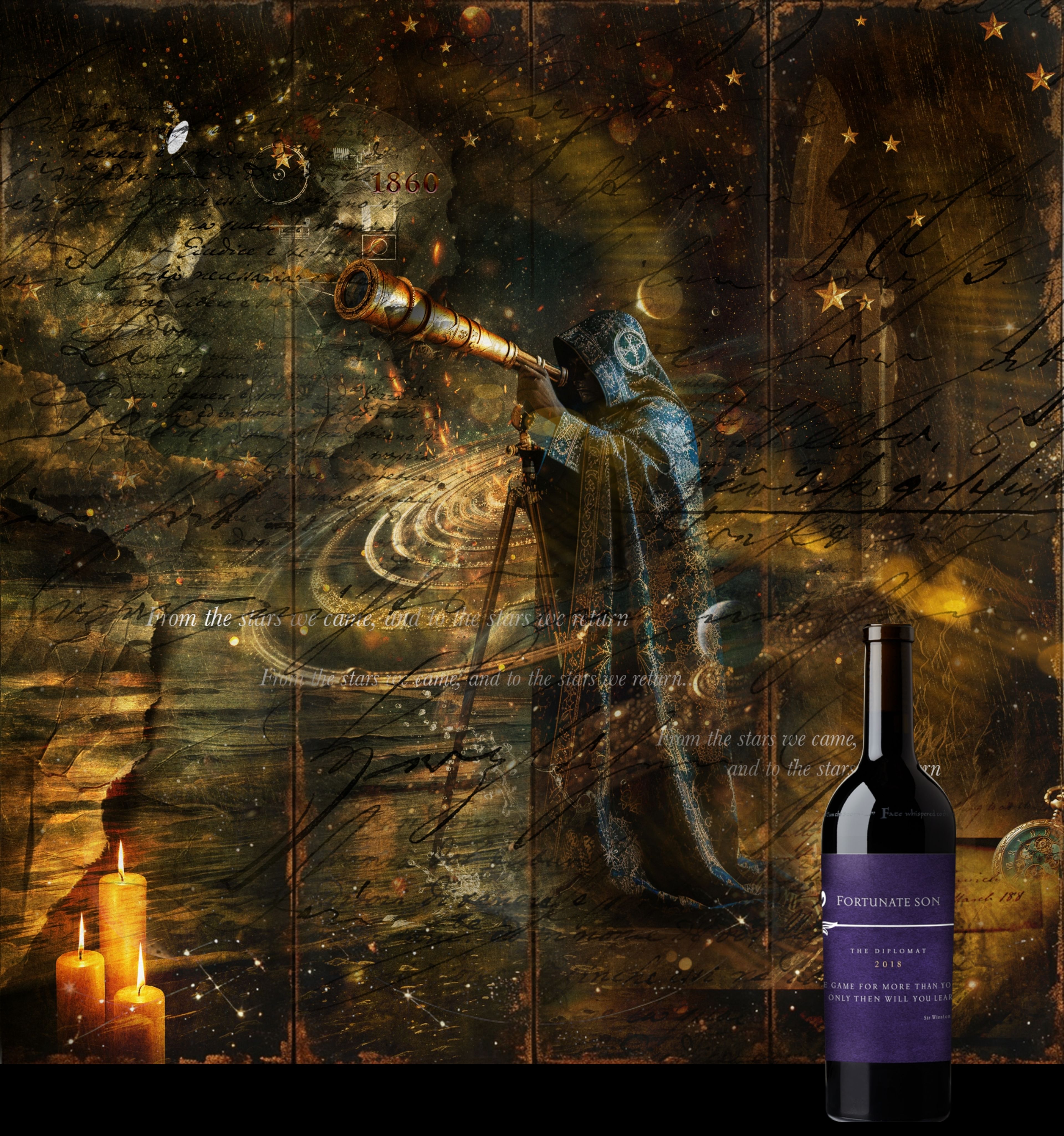 Fortunate Son The Visionary bottle with artwork of a robed astronomer at a telescope under a starry sky