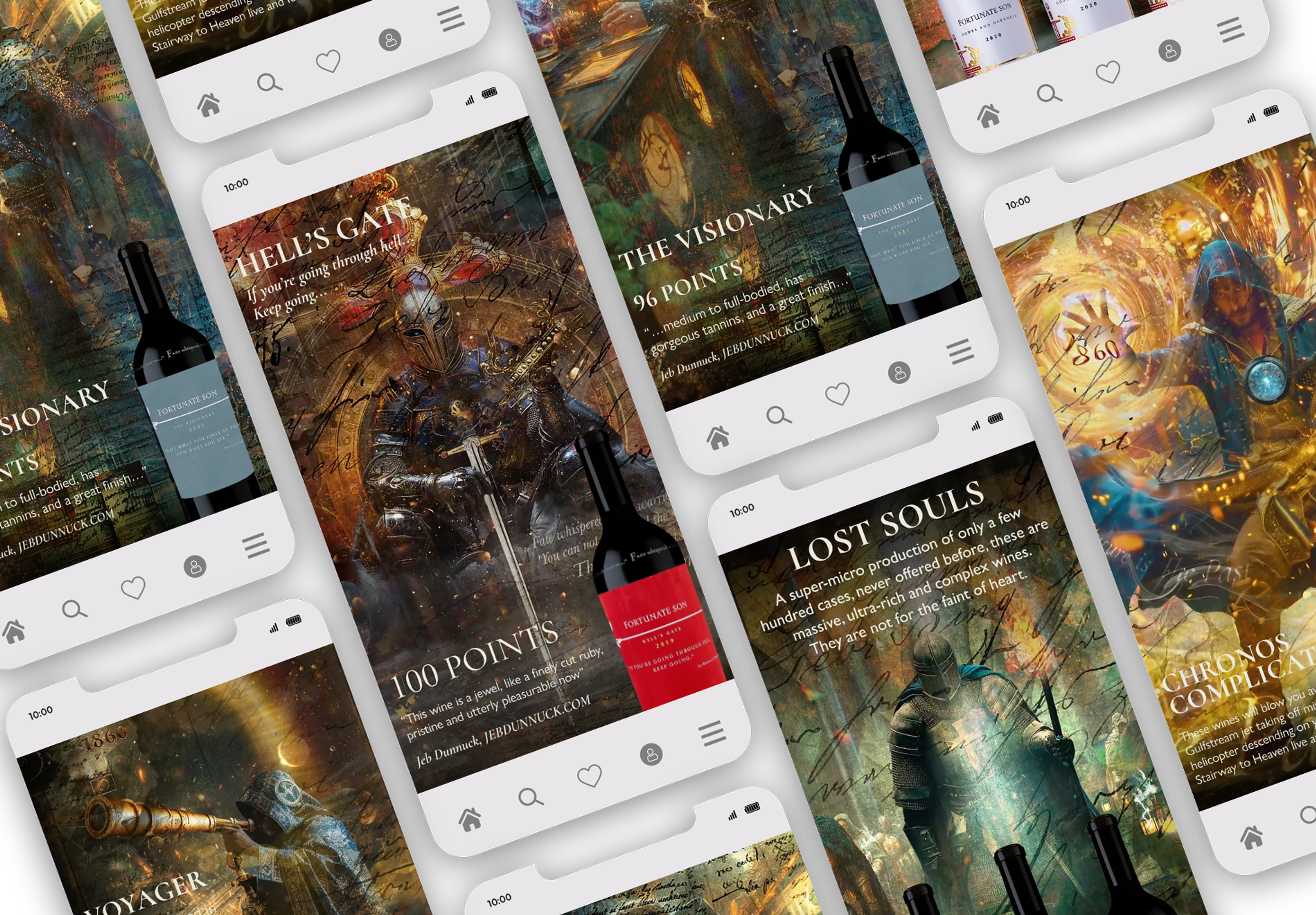Fortunate Son Wines social media posts on phone mockups, fantasy artwork with critic scores and bottles