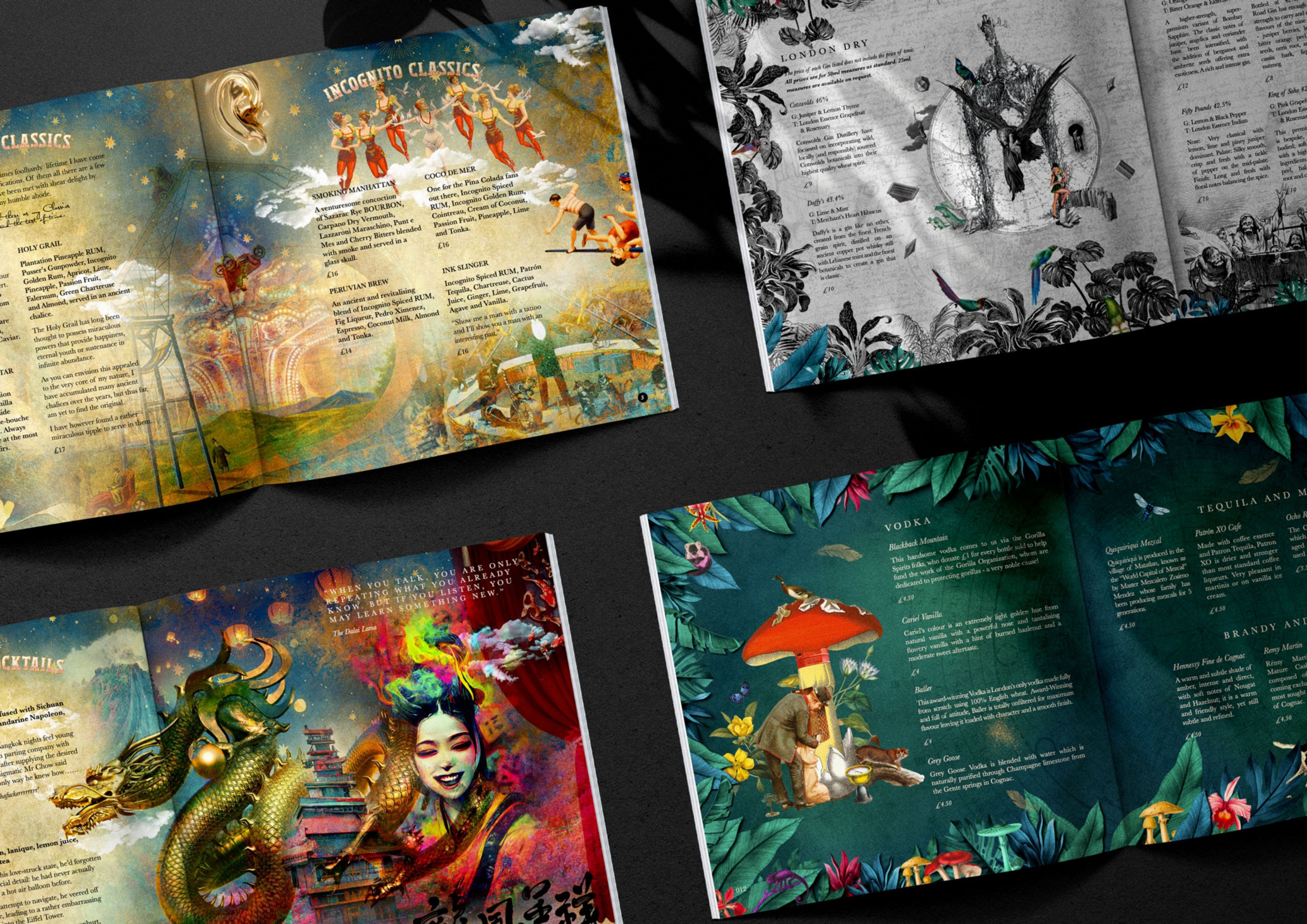 Richly illustrated spreads from the Incognito Bars cocktail menu, including the Incognito Classics pages