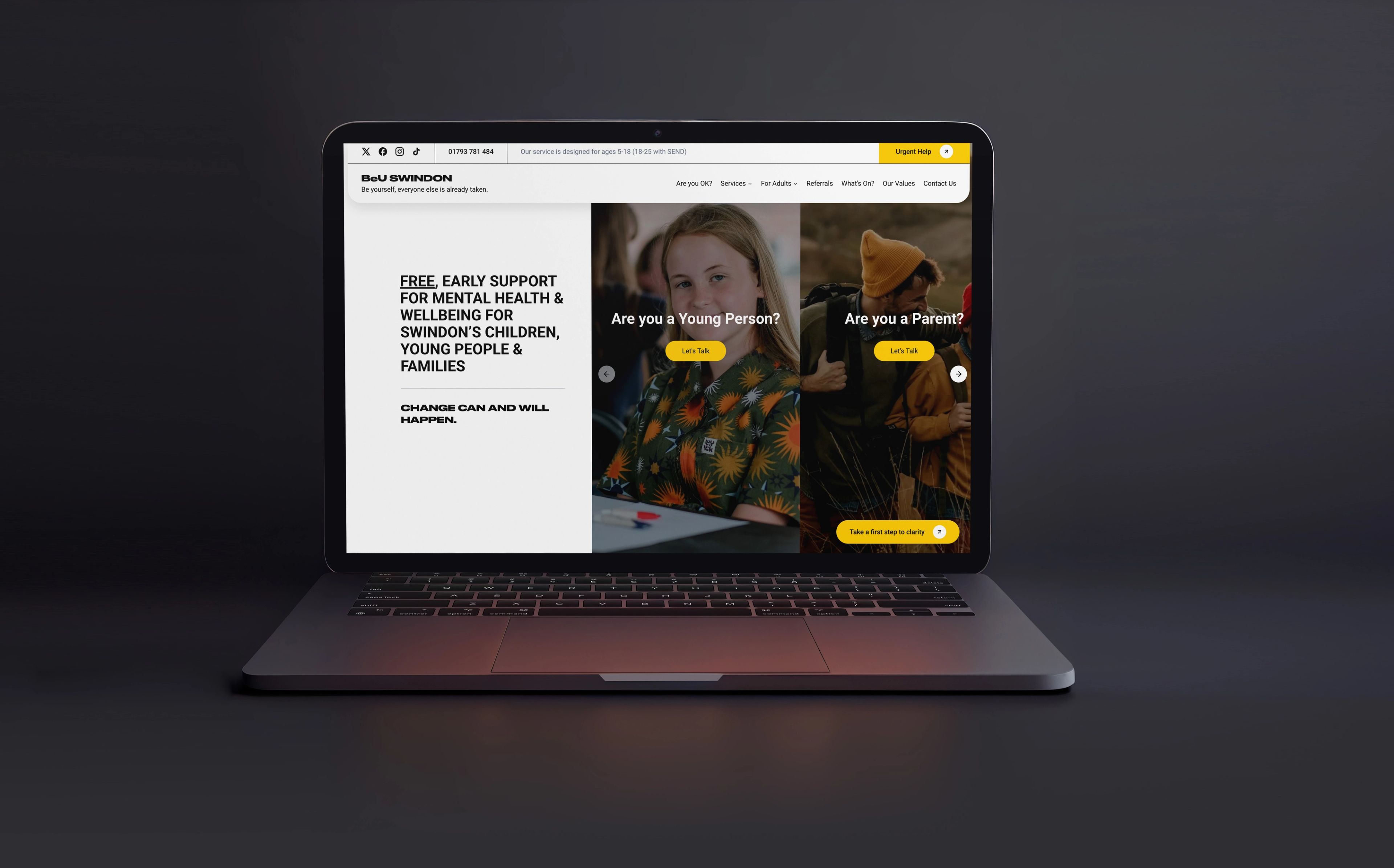 BeU Swindon mental health website on a laptop, with pathways for young people and parents