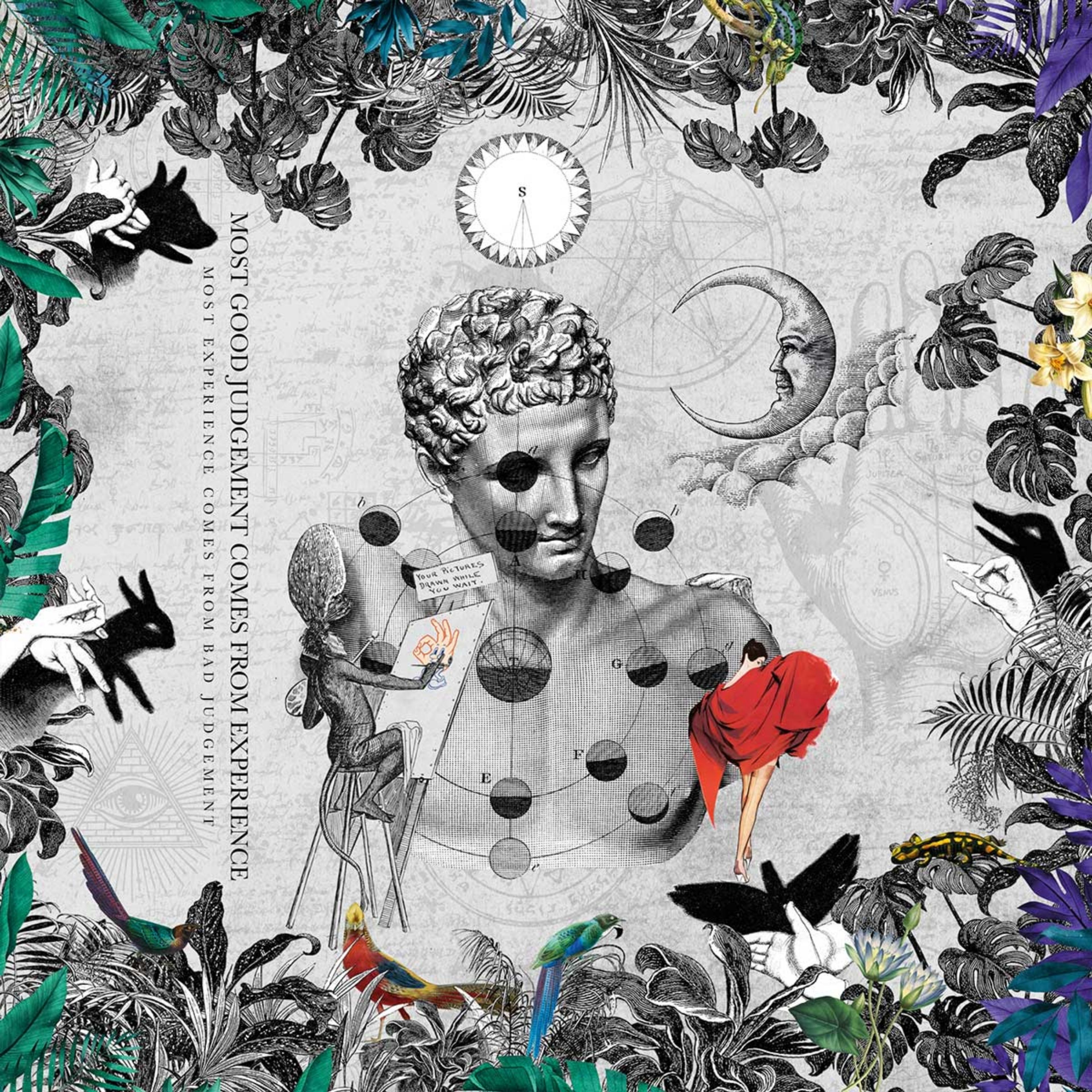 Incognito Bars collage artwork of a classical bust with crescent moon and botanical framing