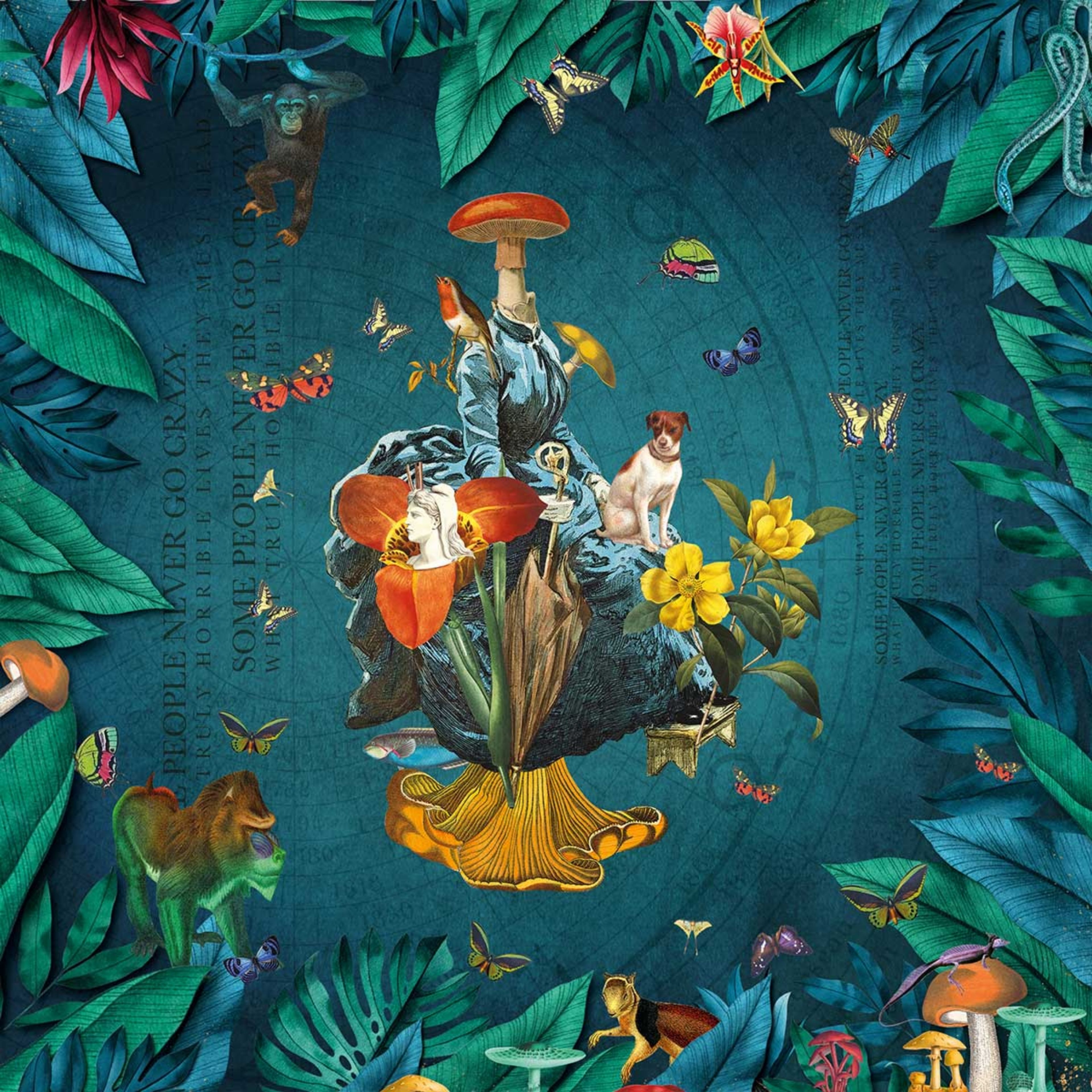 Incognito Bars jungle collage illustration with mushrooms, butterflies and exotic animals